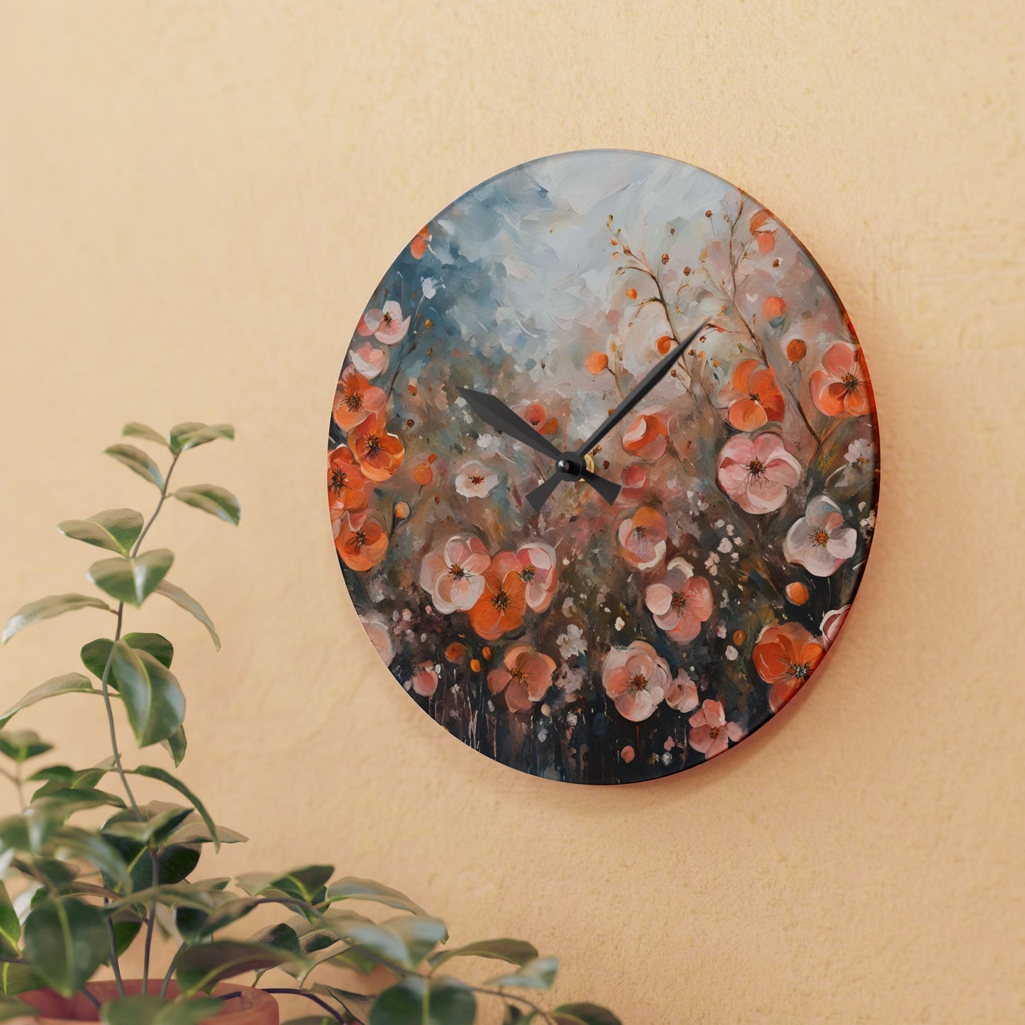 Floral Design Acrylic Clock Unique Colorful Wall Clock for Kitchen or Living Room Nature Lover Field of Flowers Gardener Gift