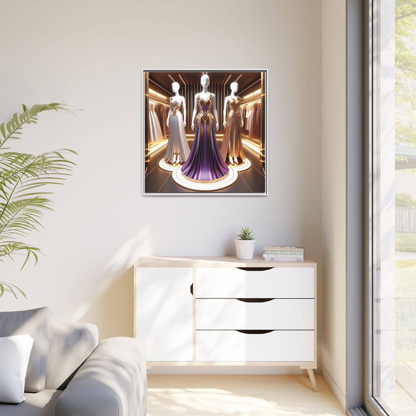 Futuristic Bodycon Runway Dress Framed Canvas Print Wall Art Unique Fashion Designer Style Haute Couture Fashionista Gift 3 Frame Colors