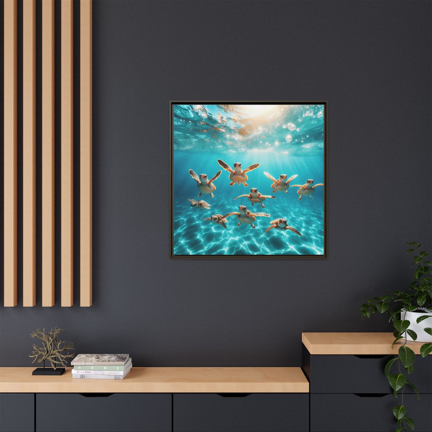 Baby Sea Turtles Out for a Swim Framed Canvas Wall Art Beach Lover Vacation Oceanic Gift Nature Lover Peaceful Zen Gift 3 frame colors