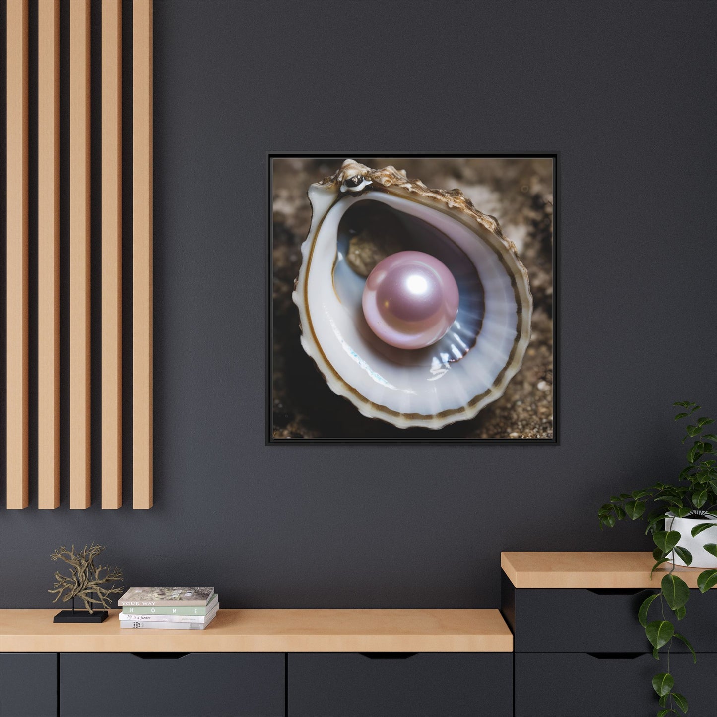 Pink Pearl in Oyster Shell Framed Canvas Wall Art Beach Lover Vacation Oceanic Gift Nature Lover Peaceful Zen Gift 3 frame colors