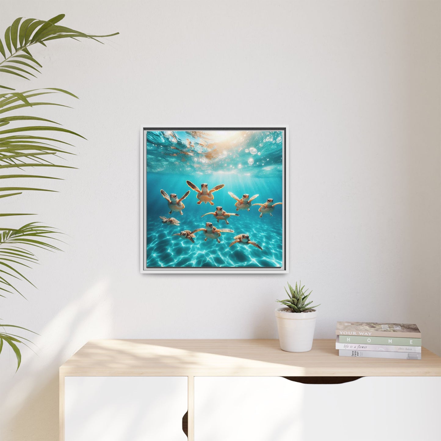Baby Sea Turtles Out for a Swim Framed Canvas Wall Art Beach Lover Vacation Oceanic Gift Nature Lover Peaceful Zen Gift 3 frame colors