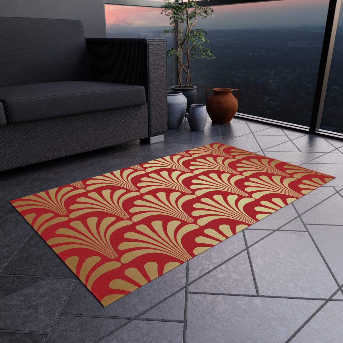 Chenille Outdoor Rug with No-Skid Backing Cozy Red and Gold Outdoor Carpet Patio Decor Gazebo Rug Pool Area Decor Outdoor Kitchen Rug