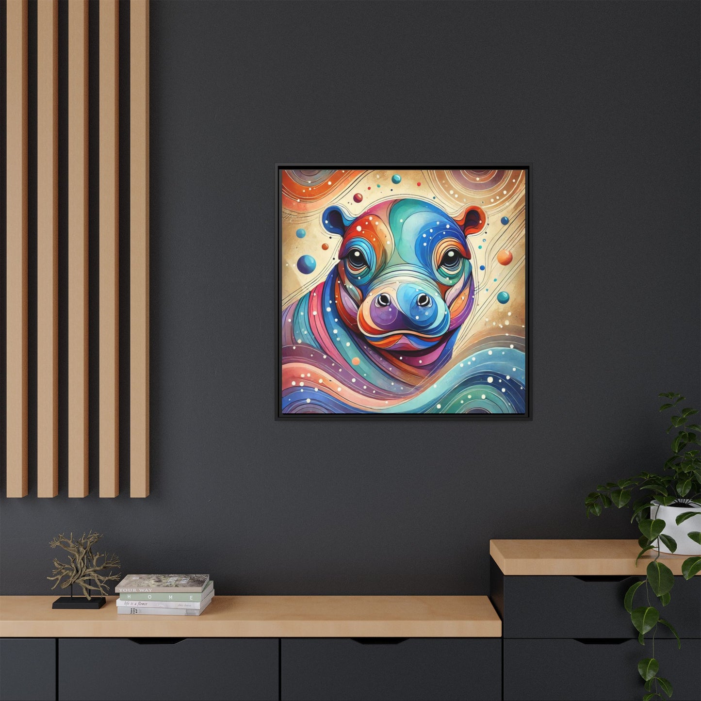 Modern Hippo Print Abstract Design Unique Framed Canvas Print Baby Hippo Wall Art Animal Lover Gift Nature Lover Decor 3 frame colors