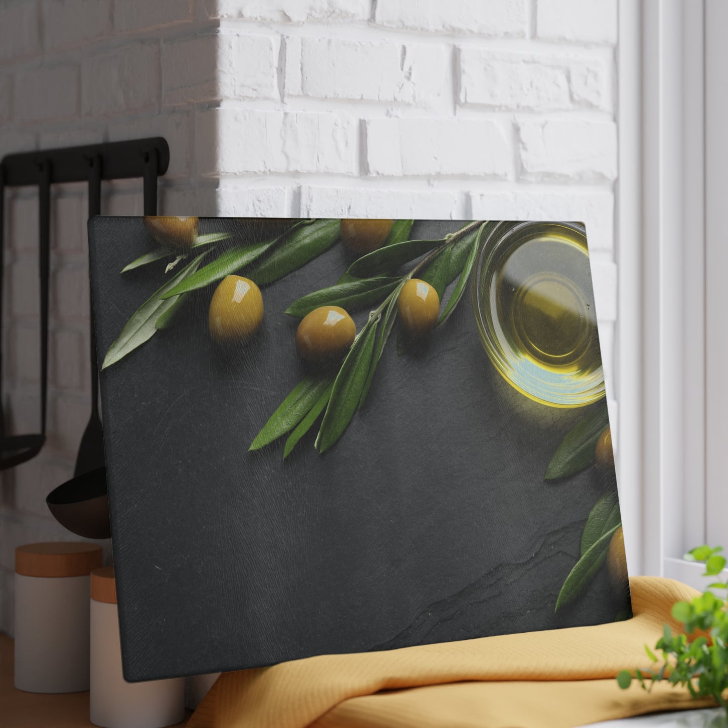 Kitchen Decor Glass Cutting Board Serving Tray with Olives and Olive Oil Design Cutting Board Gift for Home Cook Charcuterie Board