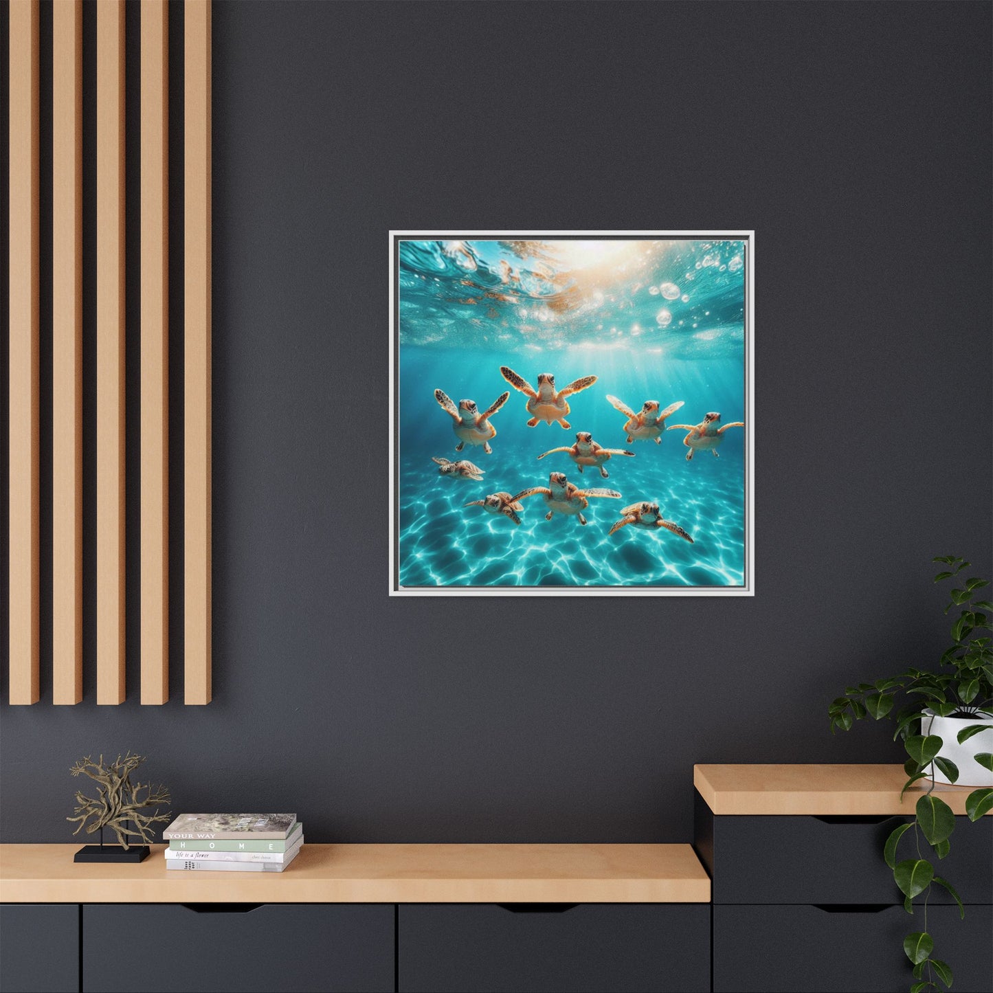 Baby Sea Turtles Out for a Swim Framed Canvas Wall Art Beach Lover Vacation Oceanic Gift Nature Lover Peaceful Zen Gift 3 frame colors