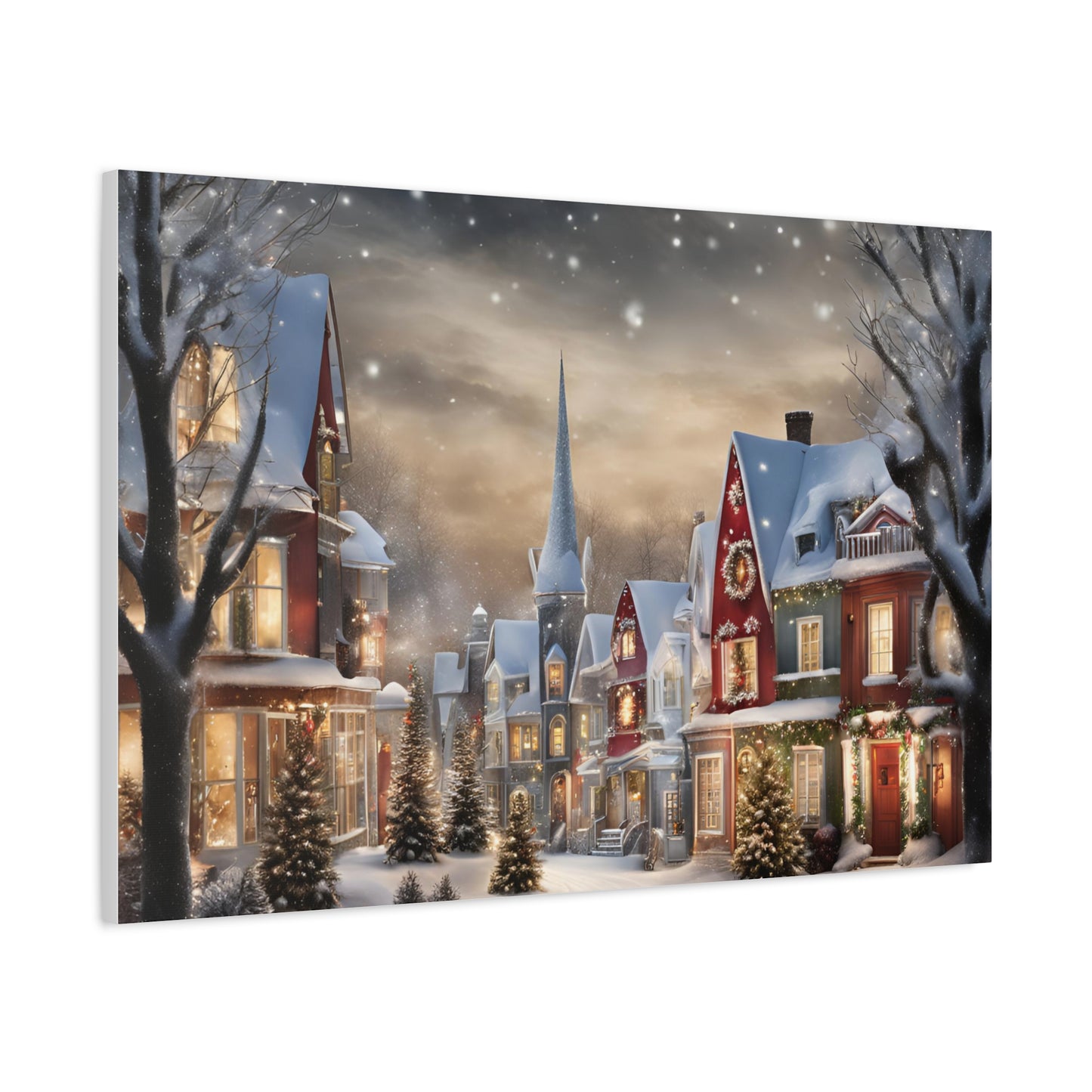 Country Town Winter Scene Print Wall Art | Matte Canvas, Stretched, 1.25" | Holiday Themed Gift