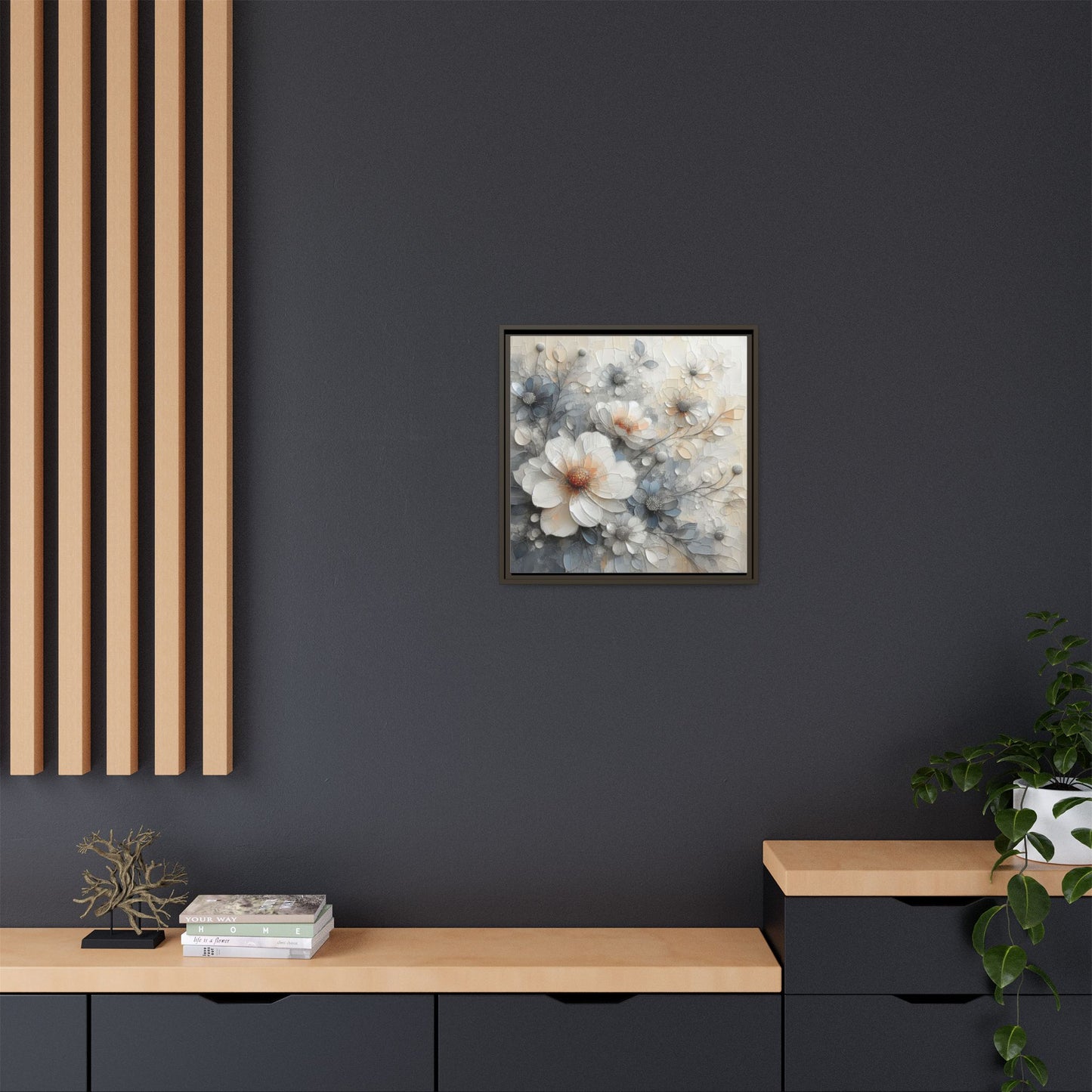 Modern Grey and White Floral Design Unique Framed Canvas Wall Art Flower Lover Gift Nature Lover Gift 3 frame colors