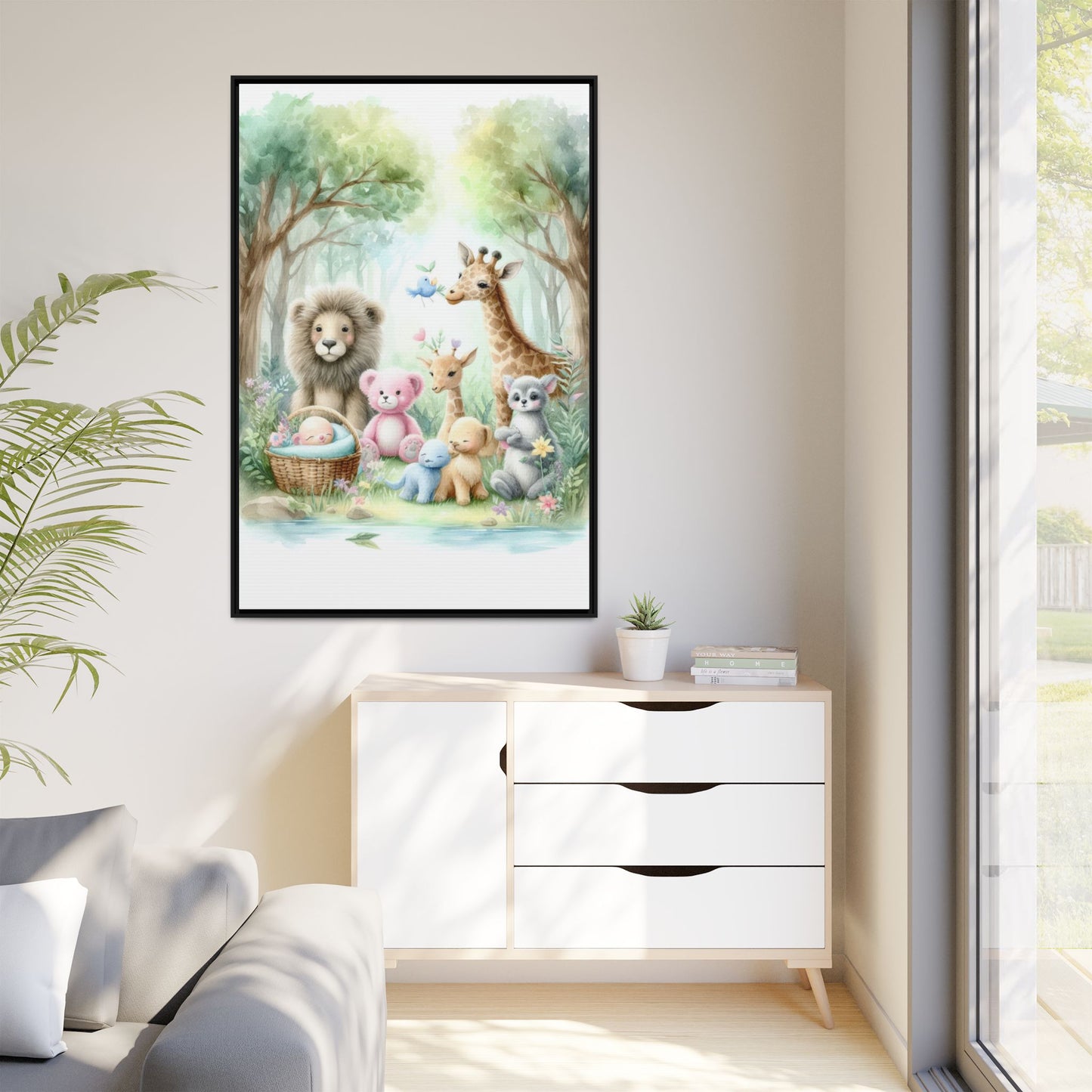 Whimsical Nursery Decor Pastel Menagerie Unique Sweet Baby Room Framed Baby Animal Canvas Print Wall Unisex Baby Shower Gift 3 frame colors