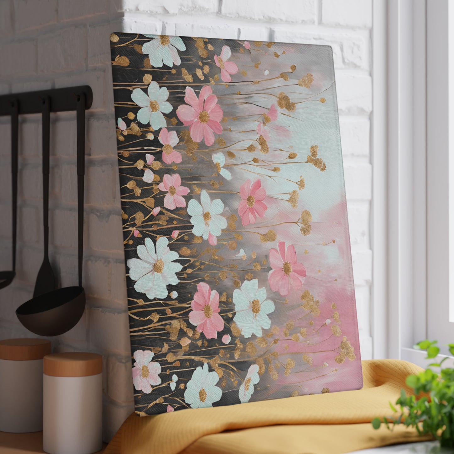 Kitchen Decor Glass Cutting Board Serving Tray with Field of Flowers Pattern Cutting Board Gift for Home Cook Charcuterie Board