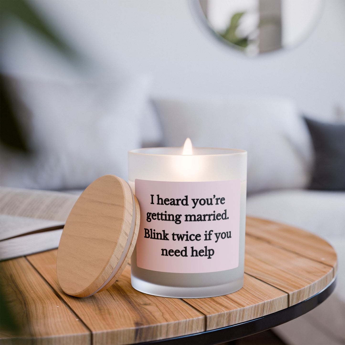Artisanal Coconut Soy Frosted Glass Candle with Wooden Wick and Raw Maple Lid 11 oz Hand Poured Funny Wedding Candle Marriage Humor