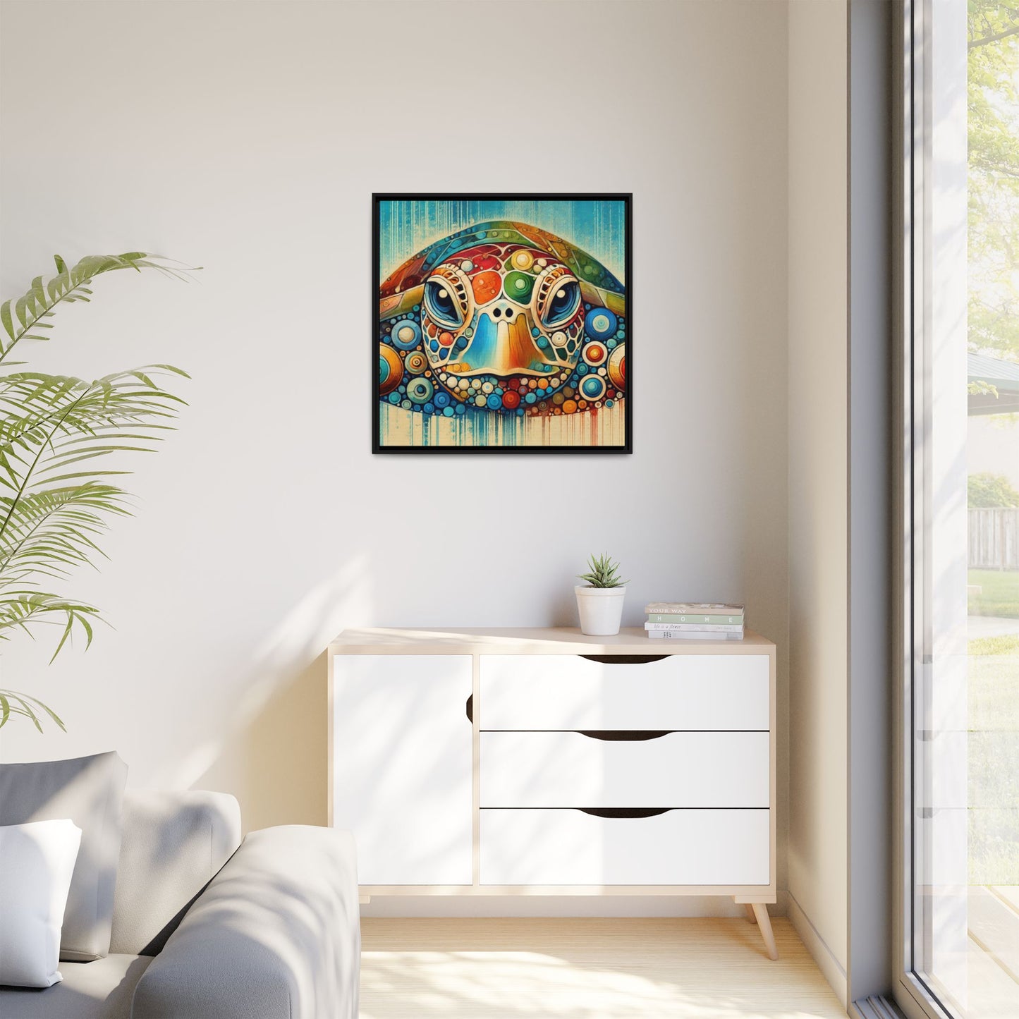 Modern Sea Turtle Print Abstract Design Unique Framed Canvas Print Oceanic Beachy Wall Art Animal Lover Nature Lover Decor 3 frame colors