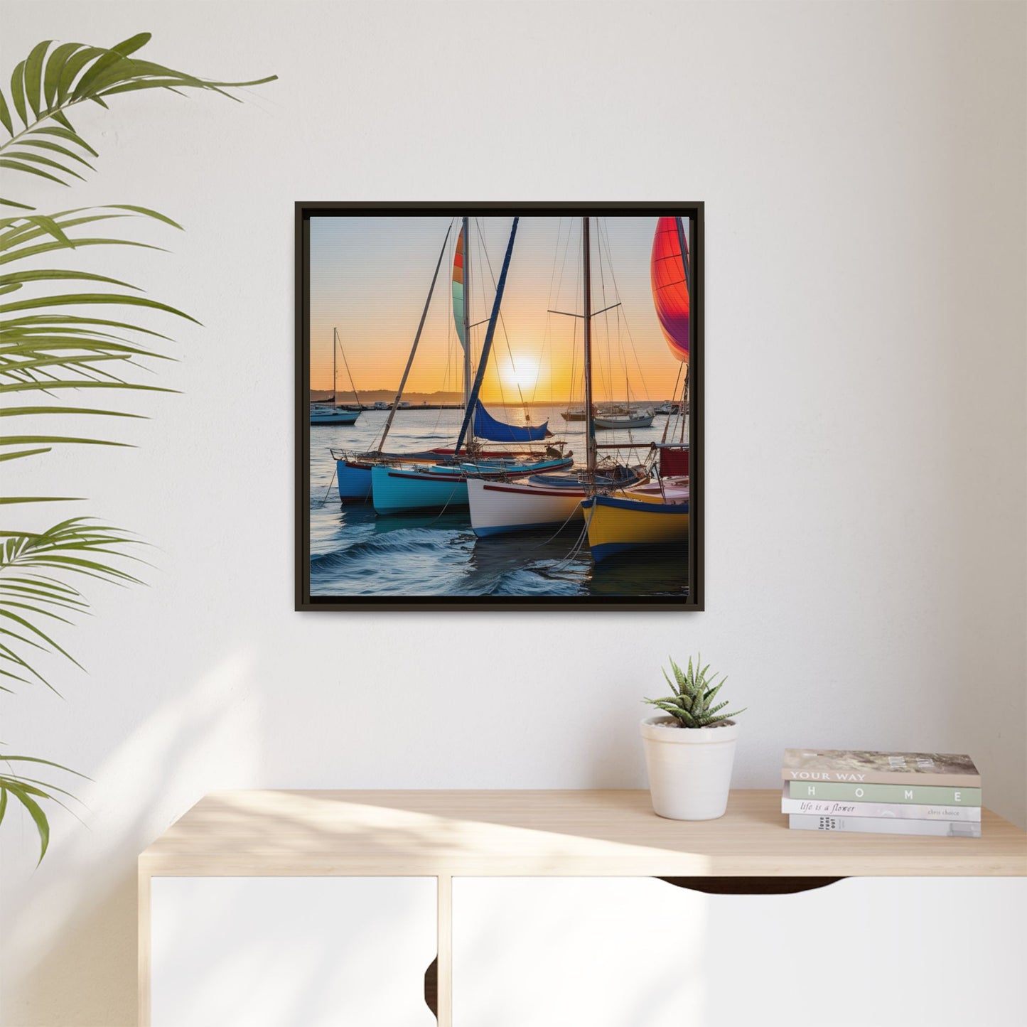 Sailboats at Sunset in Harbor Framed Canvas Wall Art Beach Lover Vacation Oceanic Gift Nature Lover Peaceful Zen Sunrise Art 3 frame colors