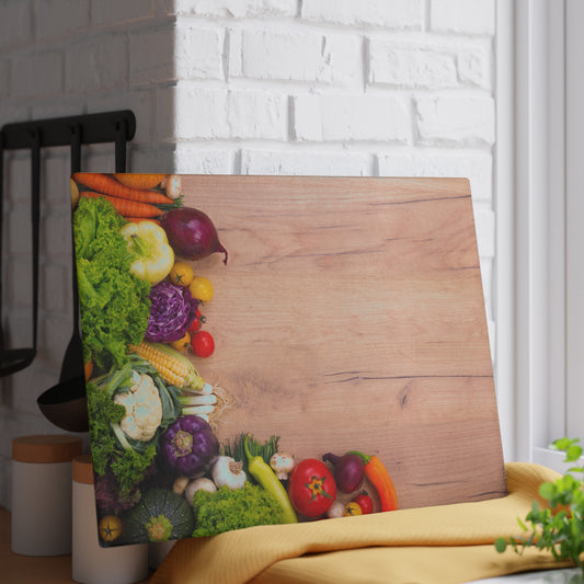 Kitchen Decor Glass Cutting Board Serving Tray with Colorful Veggie Design Cutting Board Gift for Vegan Home Cook Charcuterie Board