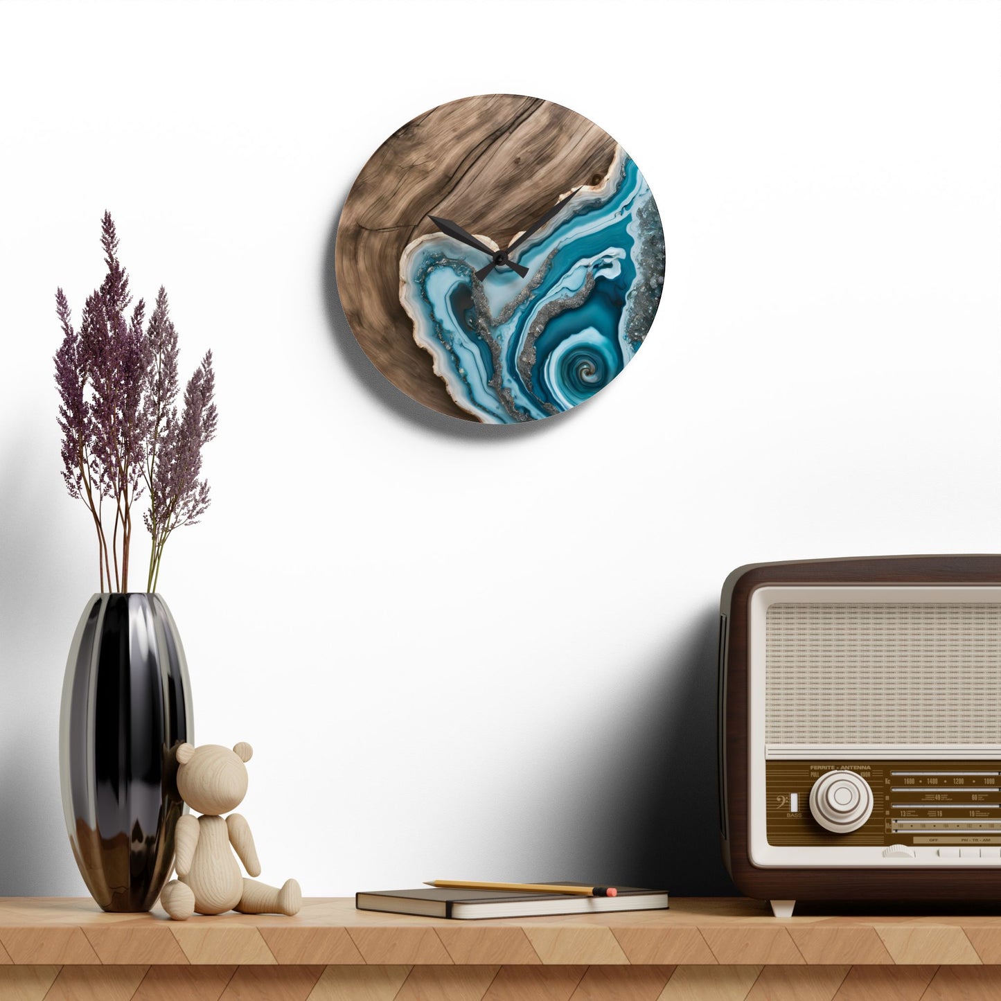 Rustic Wood-look Turquoise Geode-inspired Design Acrylic Clock Unique Colorful Wall Clock for Kitchen or Living Room Nature Lover Gift