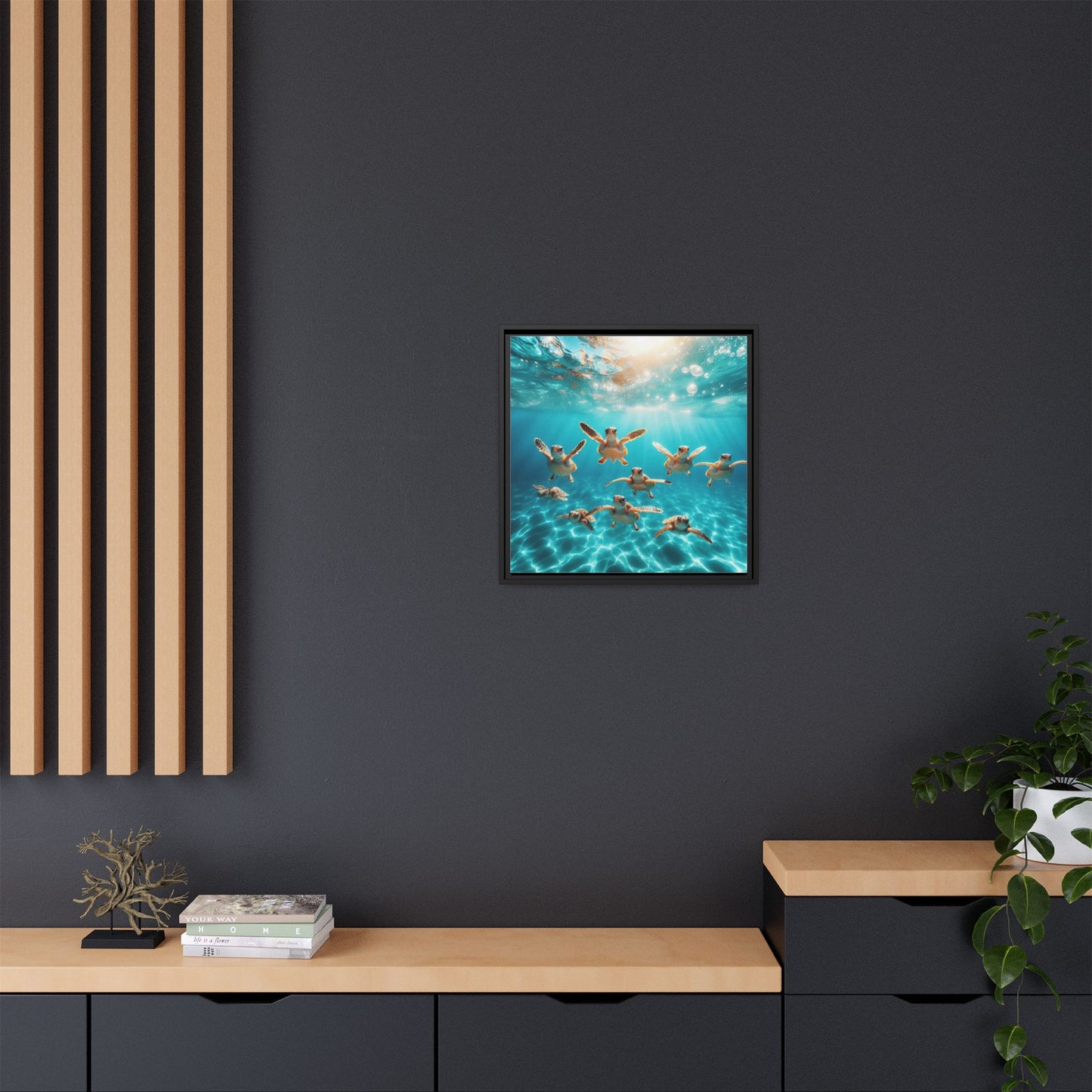 Baby Sea Turtles Out for a Swim Framed Canvas Wall Art Beach Lover Vacation Oceanic Gift Nature Lover Peaceful Zen Gift 3 frame colors