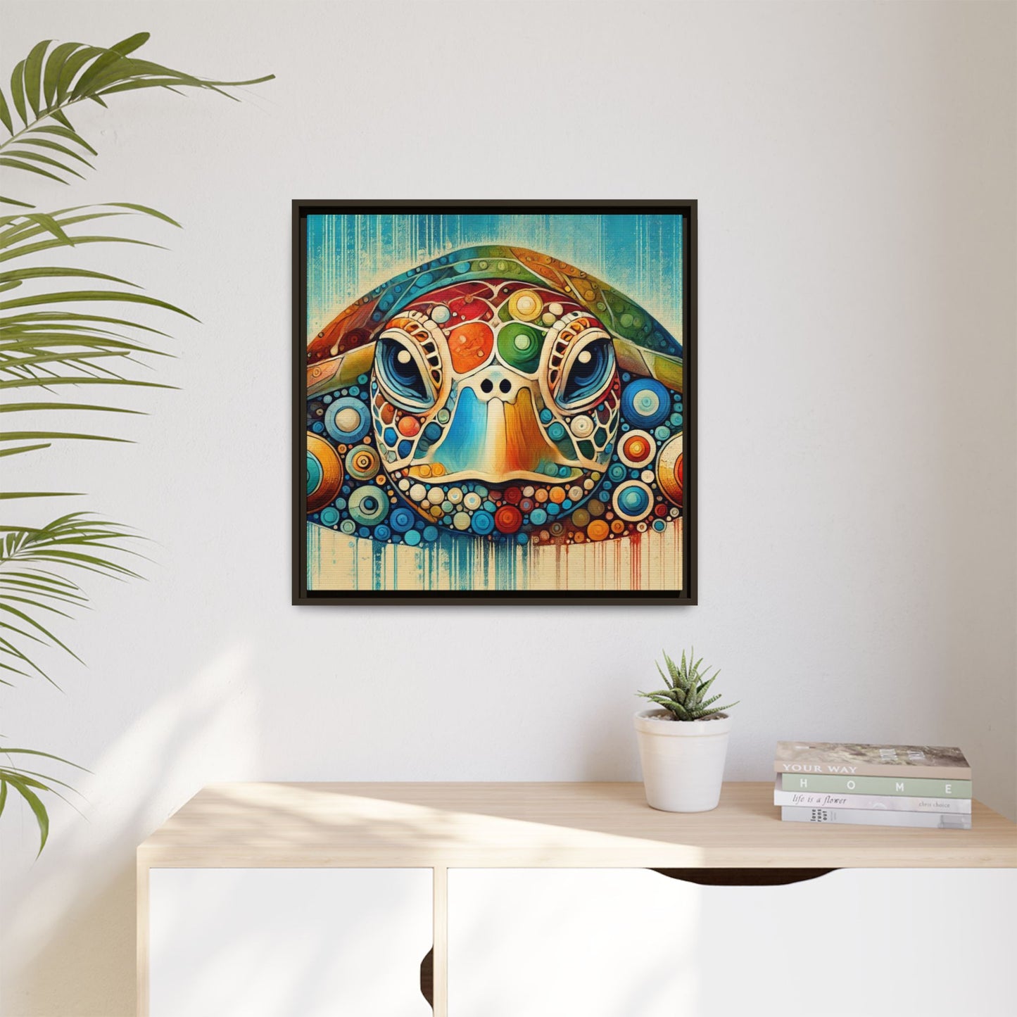 Modern Sea Turtle Print Abstract Design Unique Framed Canvas Print Oceanic Beachy Wall Art Animal Lover Nature Lover Decor 3 frame colors