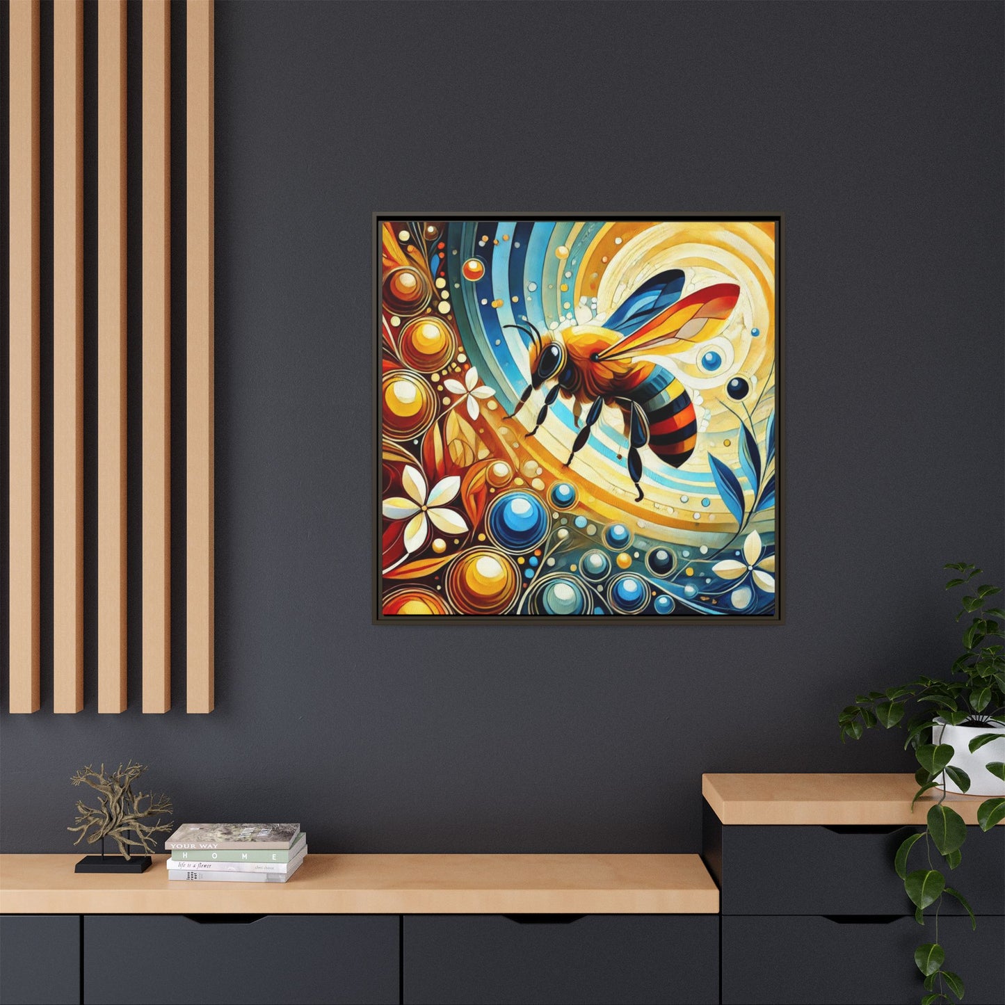 Modern Bee Print Abstract Design Unique Framed Canvas Print Insect Lover Wall Art Animal Lover Nature Lover Decor 3 frame colors
