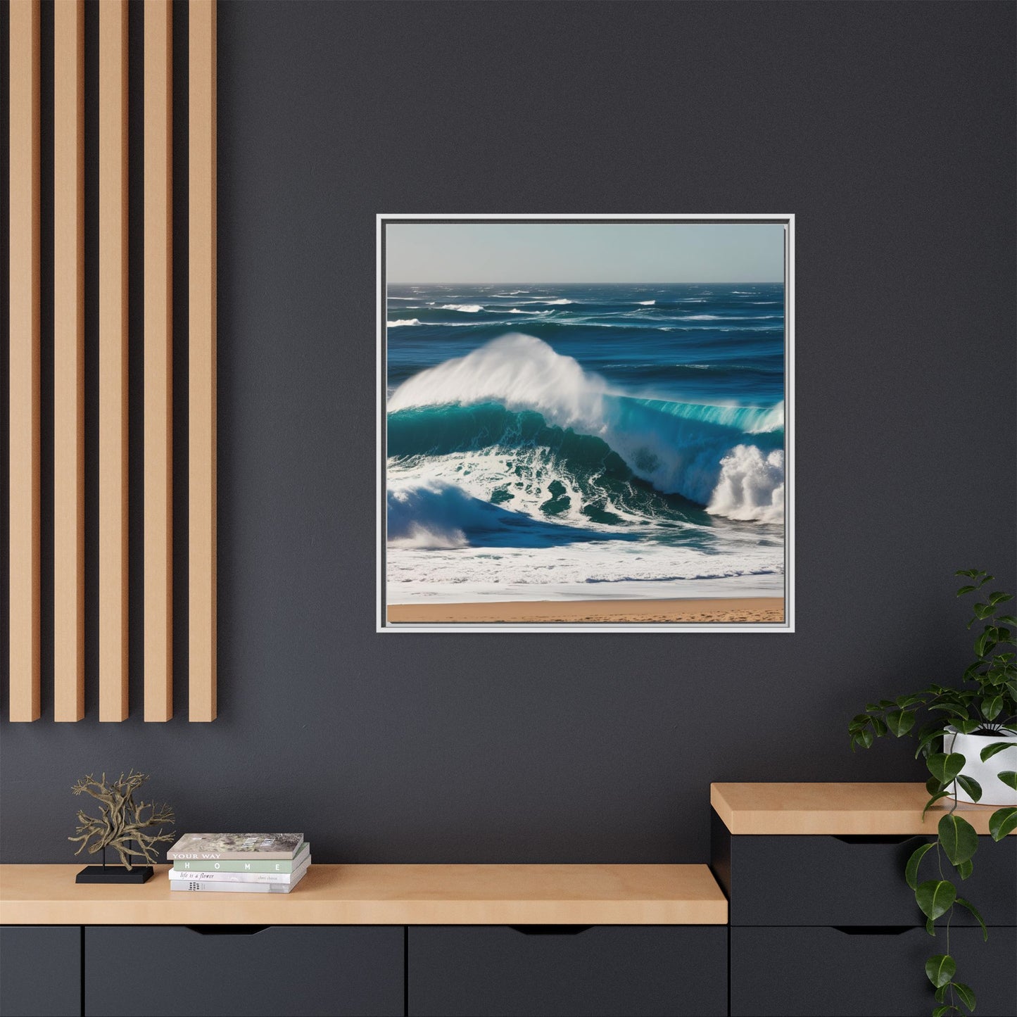 Peaceful Ocean Waves at the Beach Calm Sunny Day Framed Canvas Wall Art Vacation Oceanic Gift Nature Lover Zen Decor Gift 3 frame colors