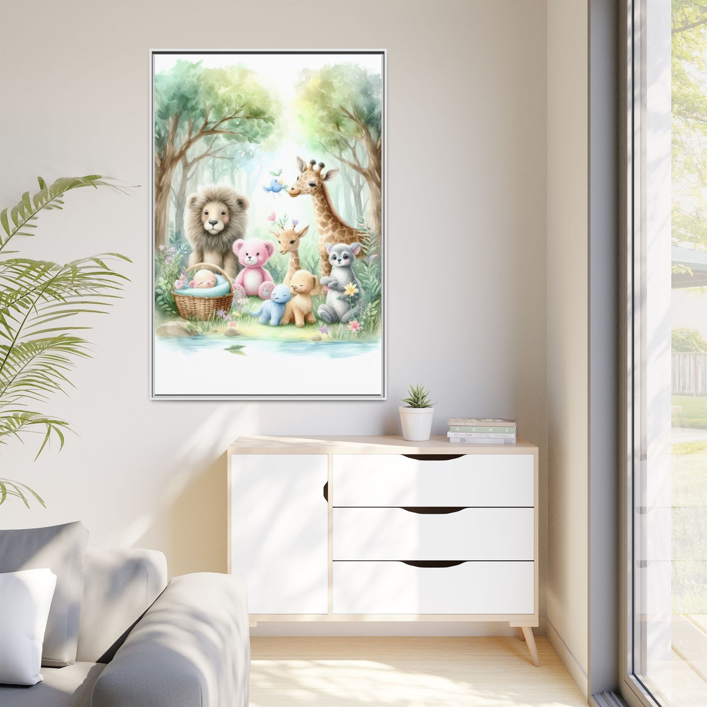Whimsical Nursery Decor Pastel Menagerie Unique Sweet Baby Room Framed Baby Animal Canvas Print Wall Unisex Baby Shower Gift 3 frame colors