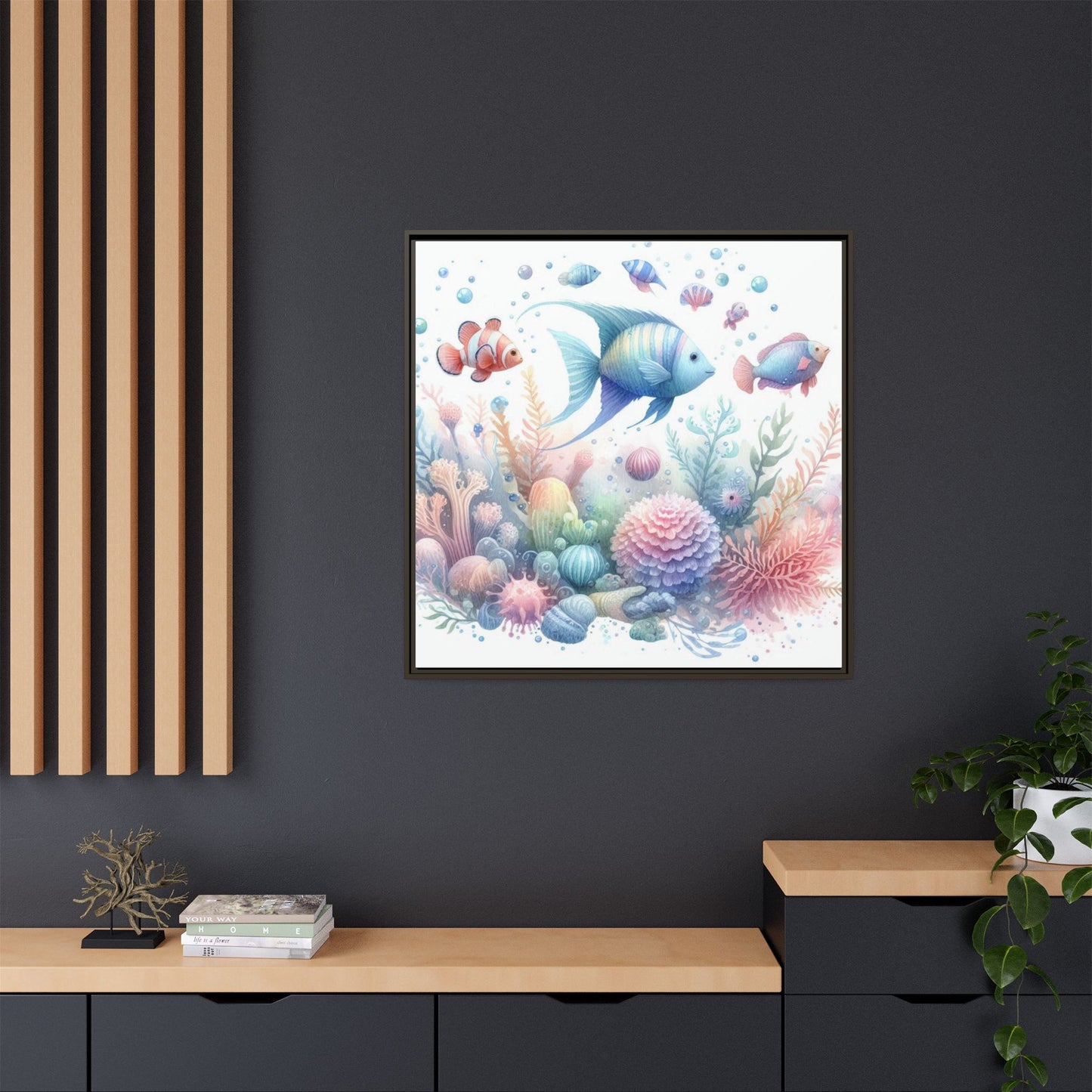 Whimsical Nursery Decor Pastel Underwater Design Unique Sweet Baby Room Framed Canvas Ocean Fish Print Unisex Baby Shower Octopus Gift