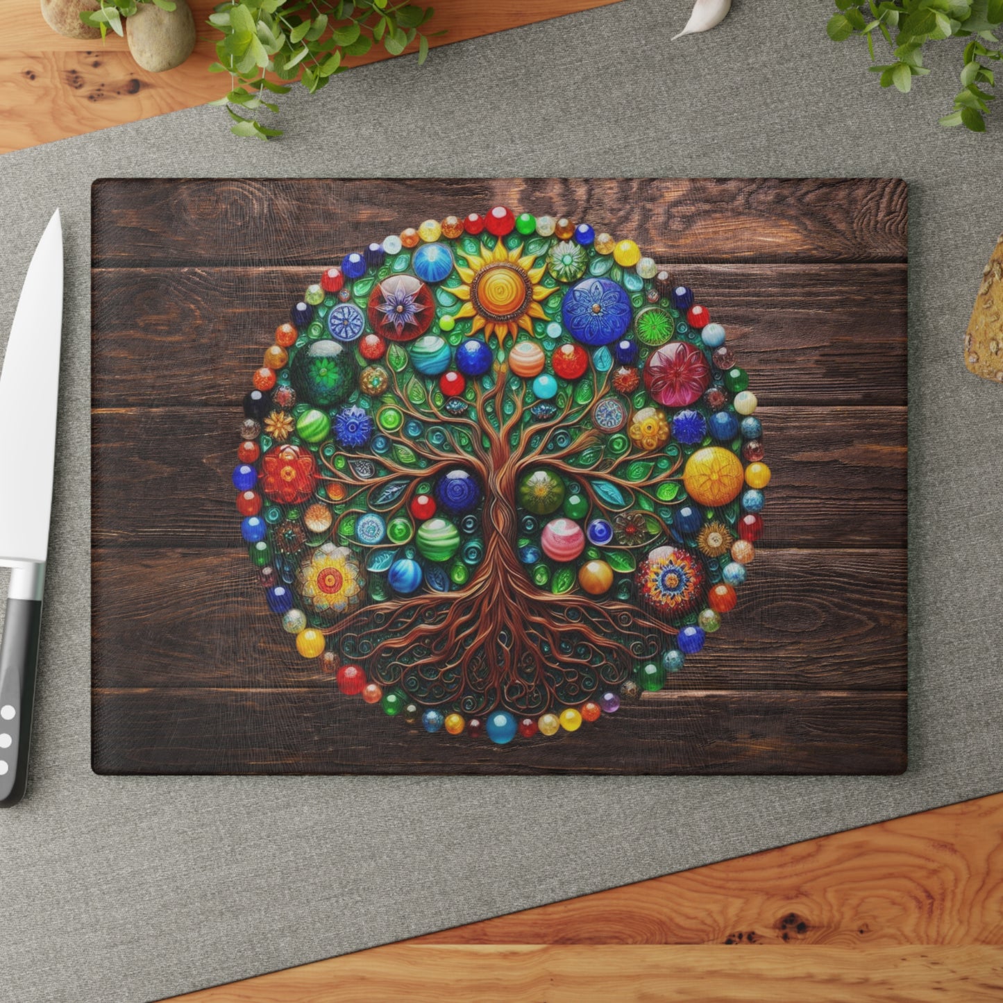 Glass Kitchen Decor Glass Cutting Board Serving Tray with Tree of Life Design Cutting Board Gift for Home Cook Glass Charcuterie Board