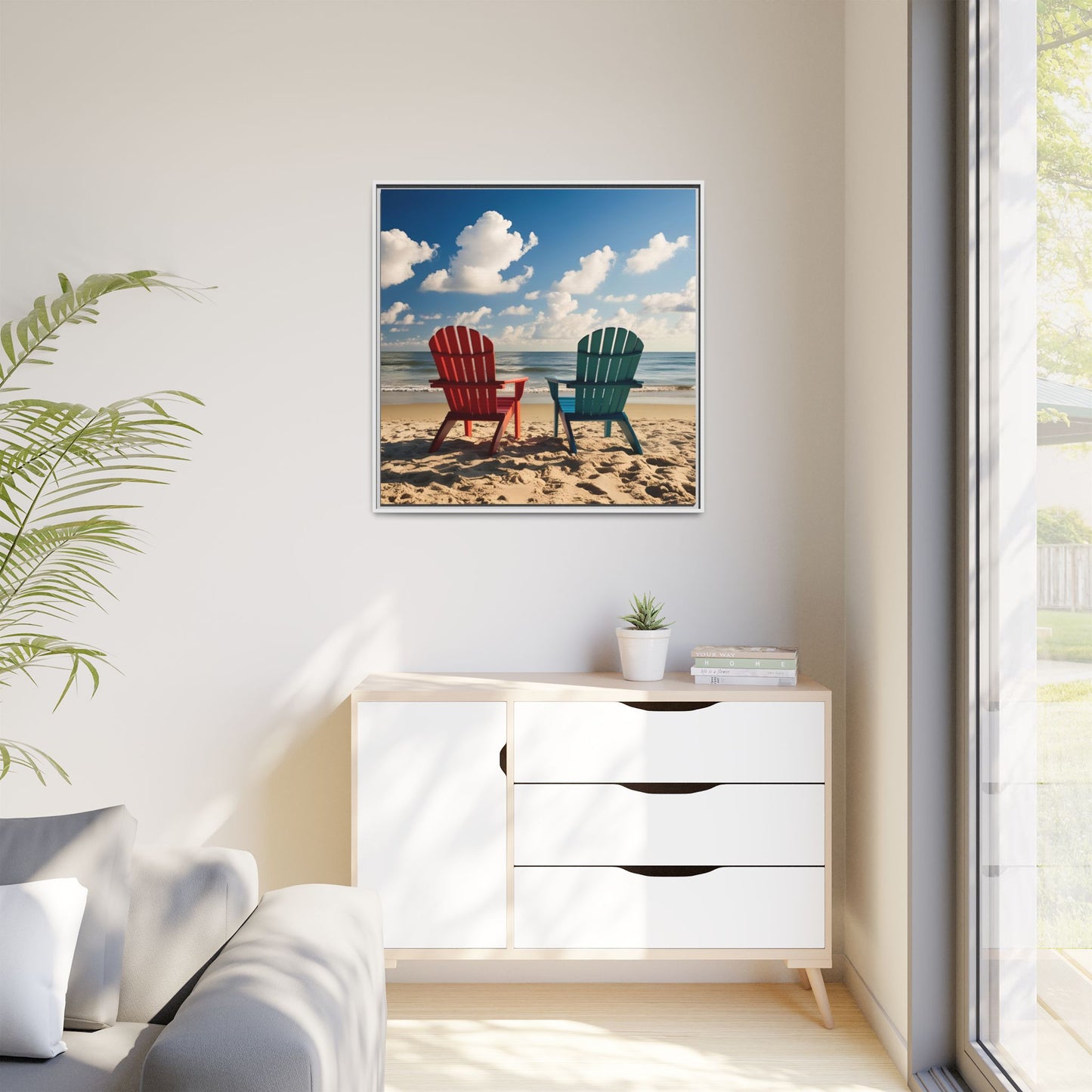 Chairs on the Beach Calm Sunny Day Framed Canvas Wall Art Beach Lover Vacation Oceanic Gift Nature Lover Peaceful Zen Gift 3 frame colors