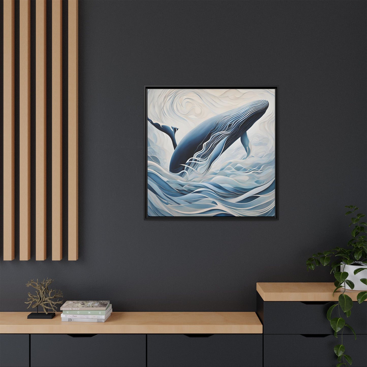 Modern Abstract Whale Wave Design Unique Framed Canvas Wall Art Ocean Beach Gift Nature Lover Gift Underwater Sea Lover Gift 3 frame colors