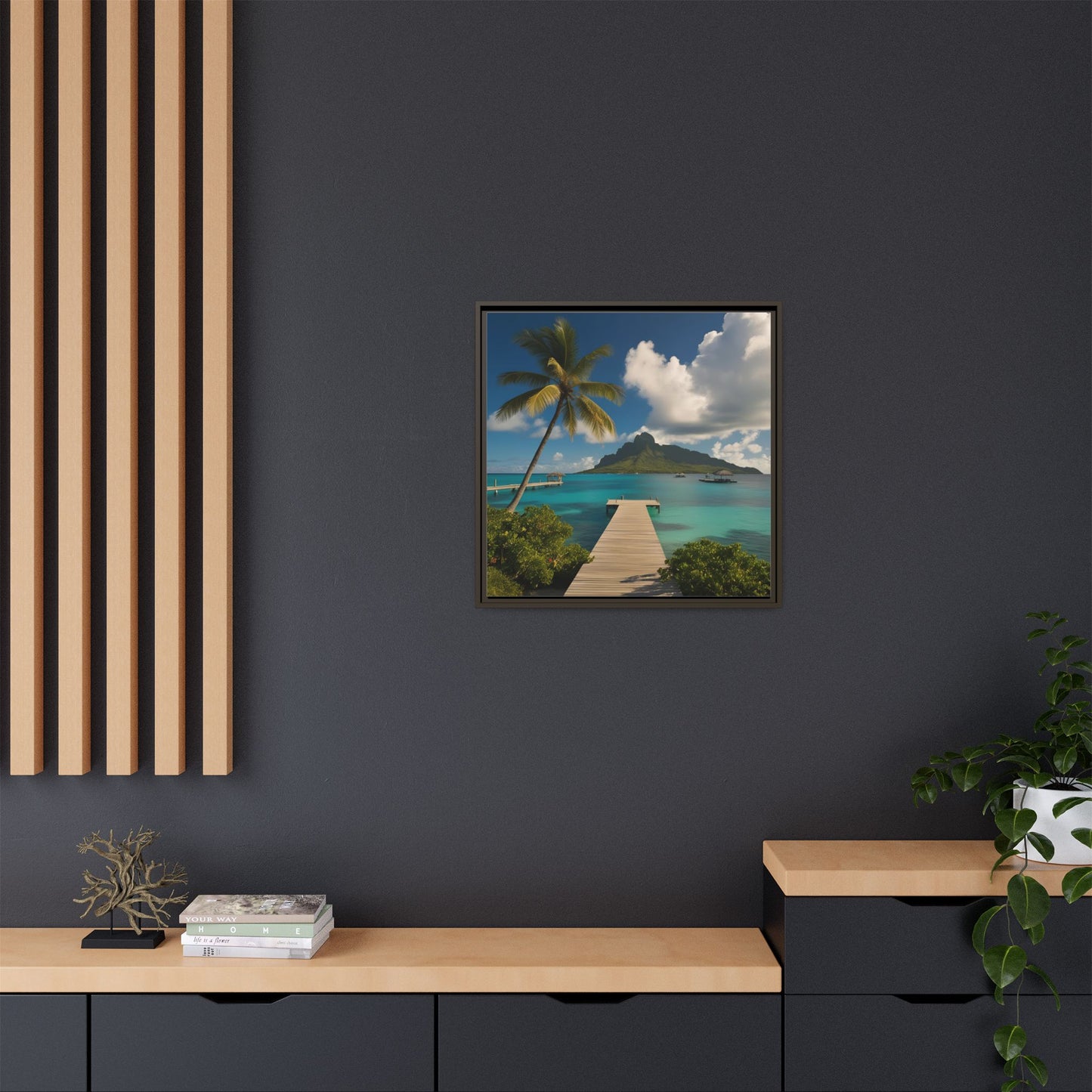 Tropical Island Calm Sunny Day Framed Canvas Wall Art Volcano Beach Vacation Oceanic Gift Nature Lover Peaceful Zen Gift 3 frame colors
