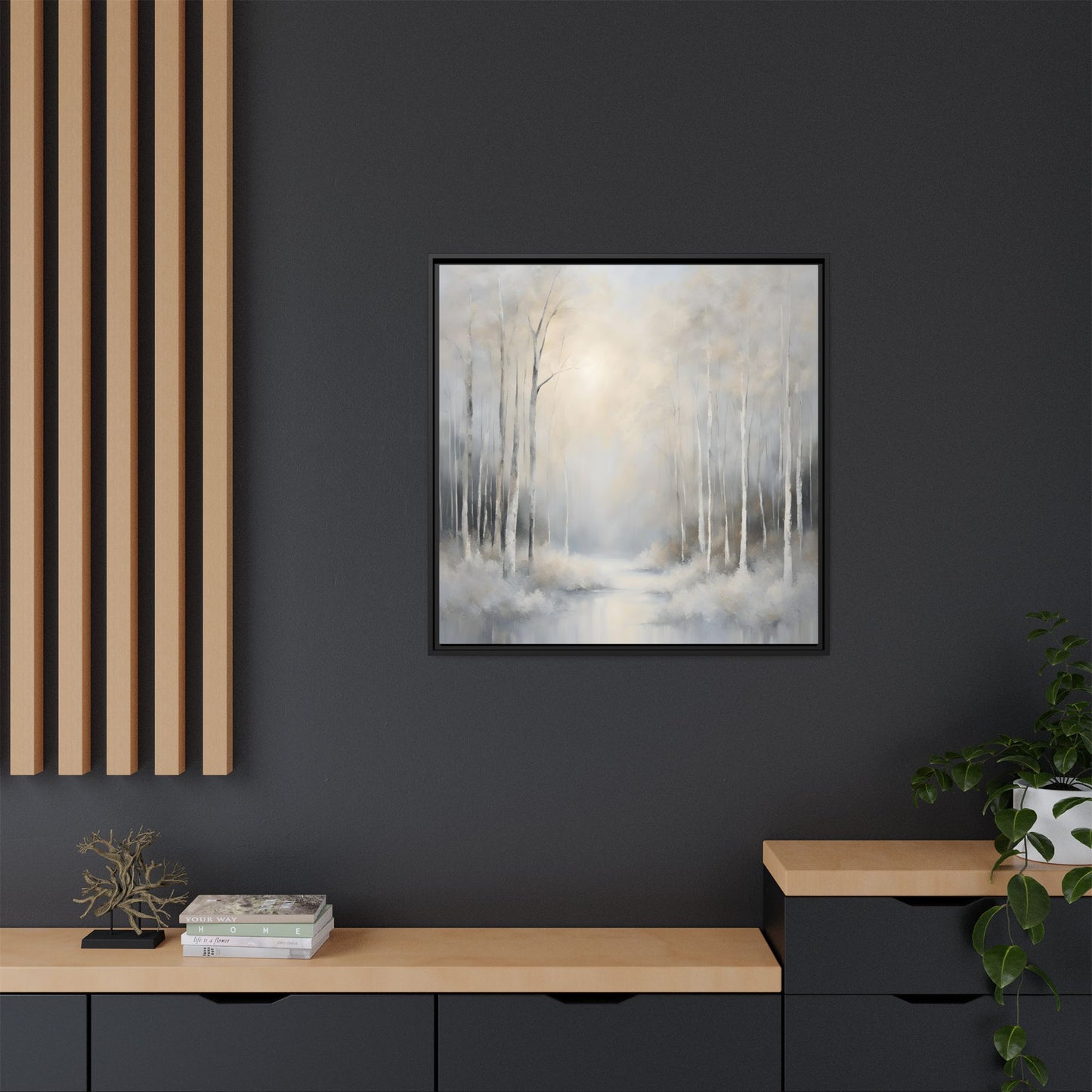 Modern Abstract White Forest Design Unique Framed Canvas Wall Art Ocean Beach Gift Nature Lover Gift 3 frame colors