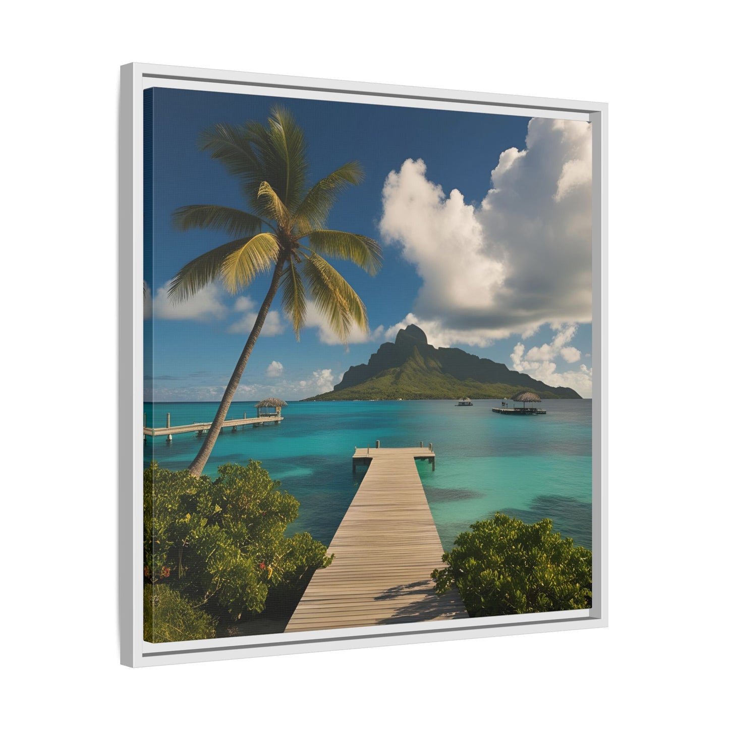 Tropical Island Calm Sunny Day Framed Canvas Wall Art Volcano Beach Vacation Oceanic Gift Nature Lover Peaceful Zen Gift 3 frame colors