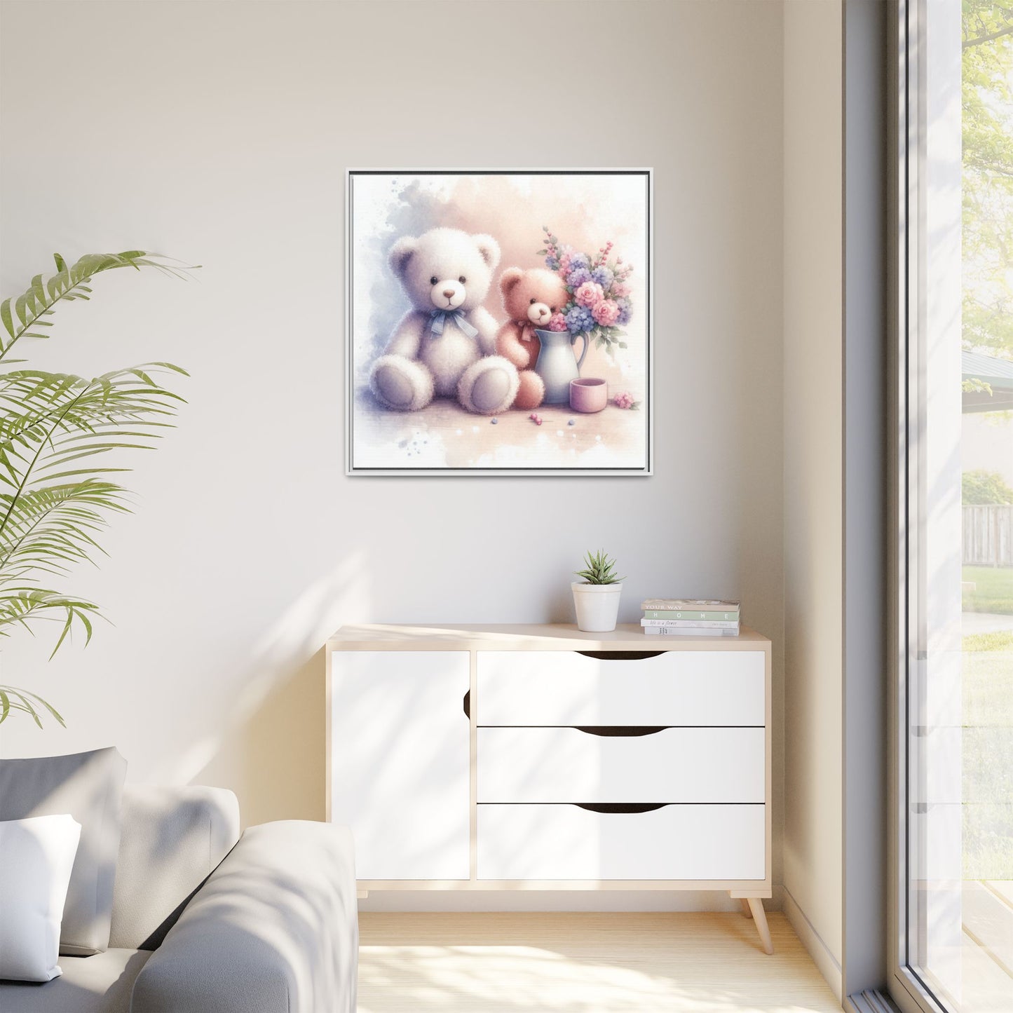 Whimsical Nursery Decor Pastel Floral Teddy Bear Design Wall Art Unique Sweet Baby Room Framed Canvas Print Unisex Baby Shower Gift