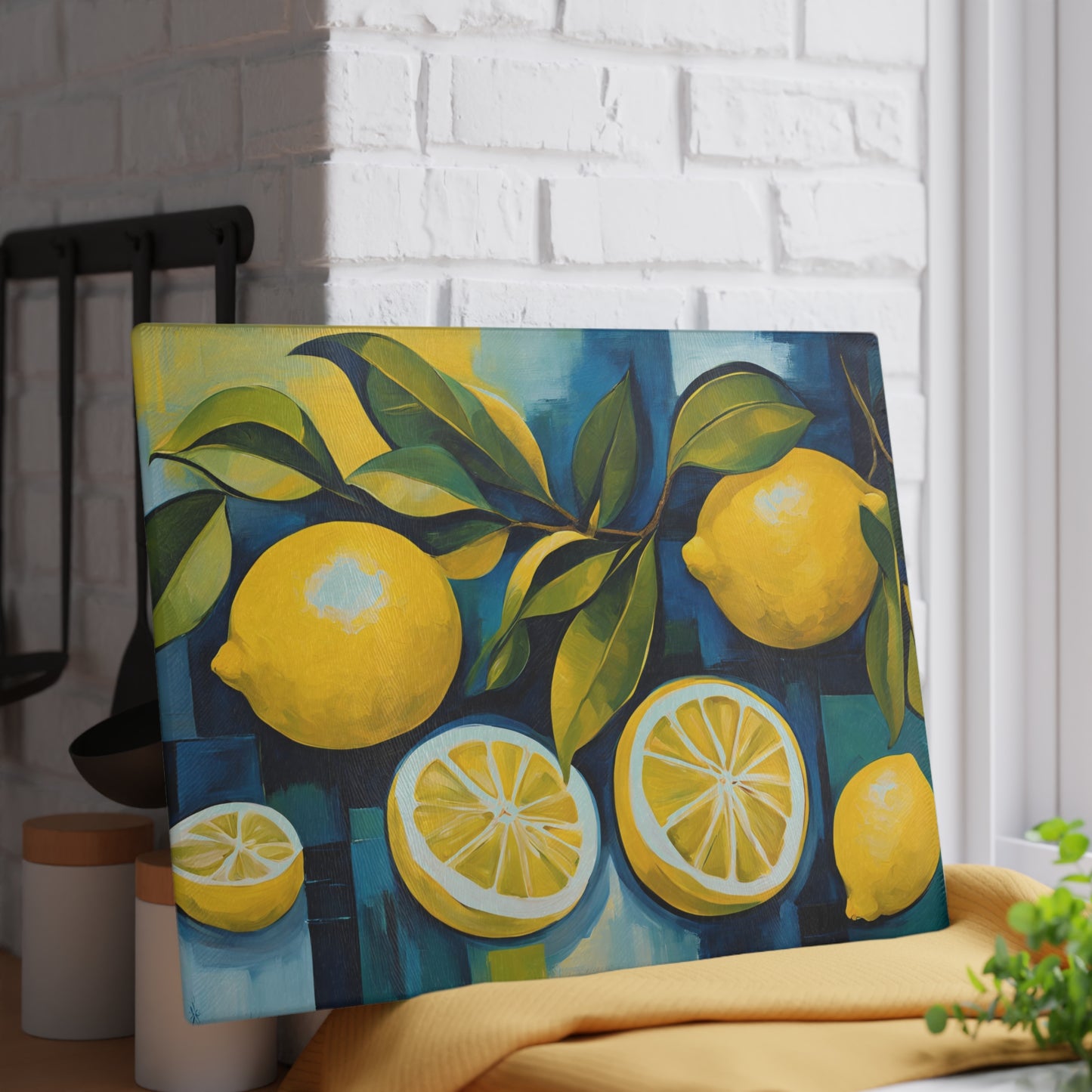 Kitchen Decor Glass Cutting Board Serving Tray with Modern Lemon Pattern Cutting Board Gift for Home Cook Charcuterie Board