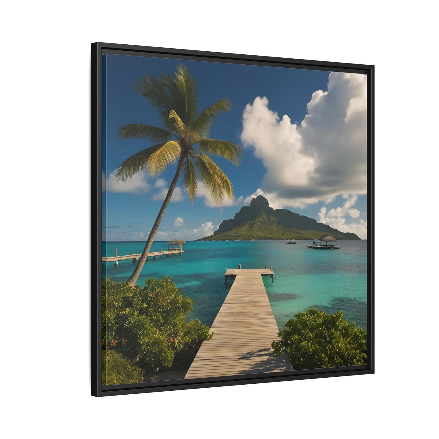Tropical Island Calm Sunny Day Framed Canvas Wall Art Volcano Beach Vacation Oceanic Gift Nature Lover Peaceful Zen Gift 3 frame colors