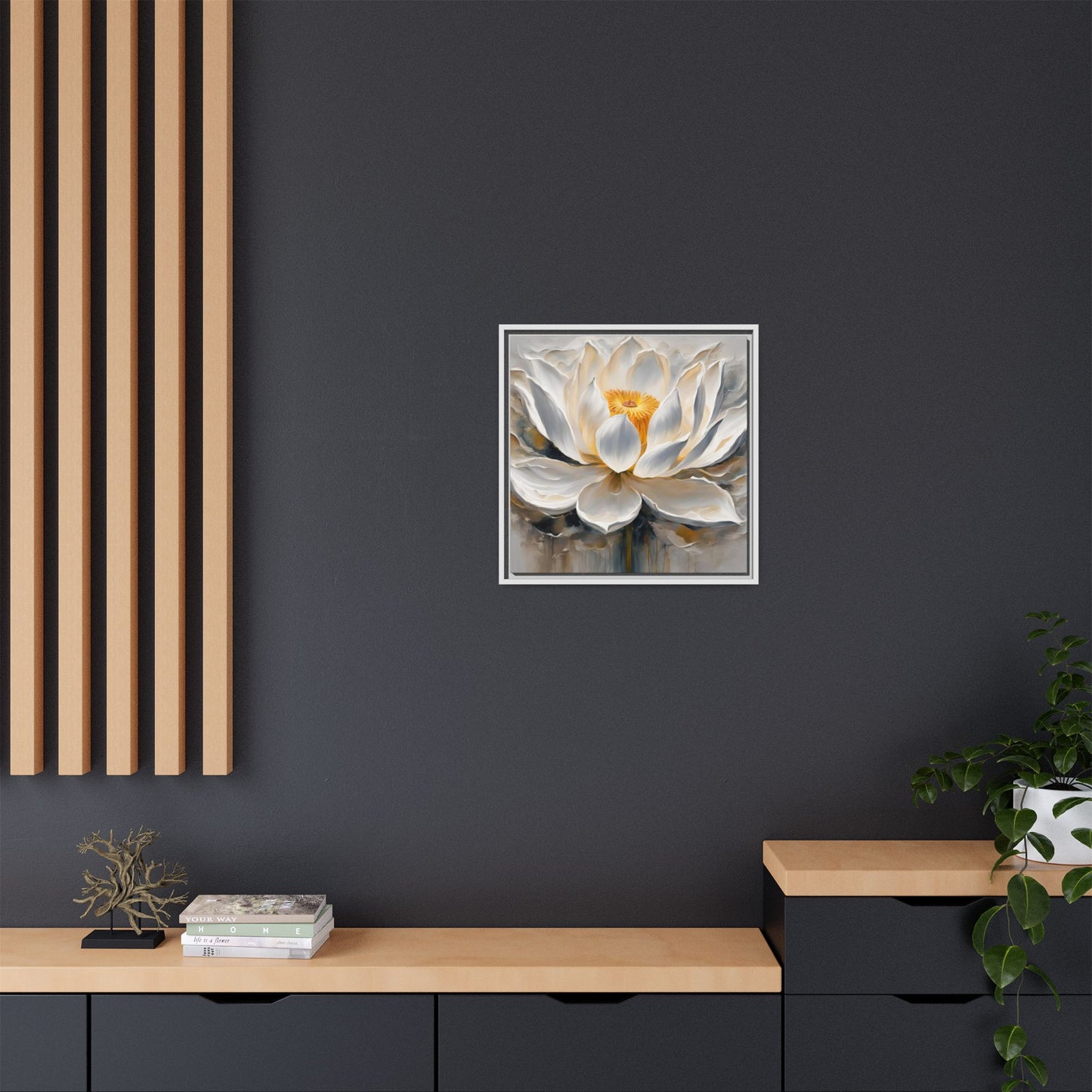 Modern Abstract Floral Design Unique Framed Canvas Wall Art White Lotus Gift Nature Lover Gift Garden Lover Gift 3 frame colors
