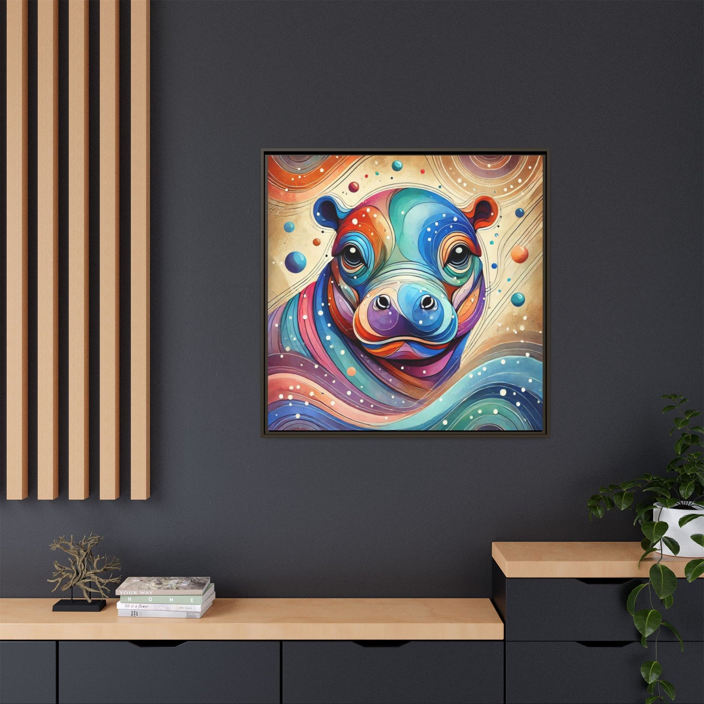 Modern Hippo Print Abstract Design Unique Framed Canvas Print Baby Hippo Wall Art Animal Lover Gift Nature Lover Decor 3 frame colors