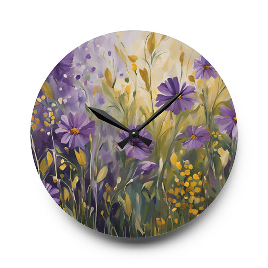 Floral Design Acrylic Clock Unique Colorful Wall Clock for Kitchen or Living Room Nature Lover Field of Flowers Gardener Gift