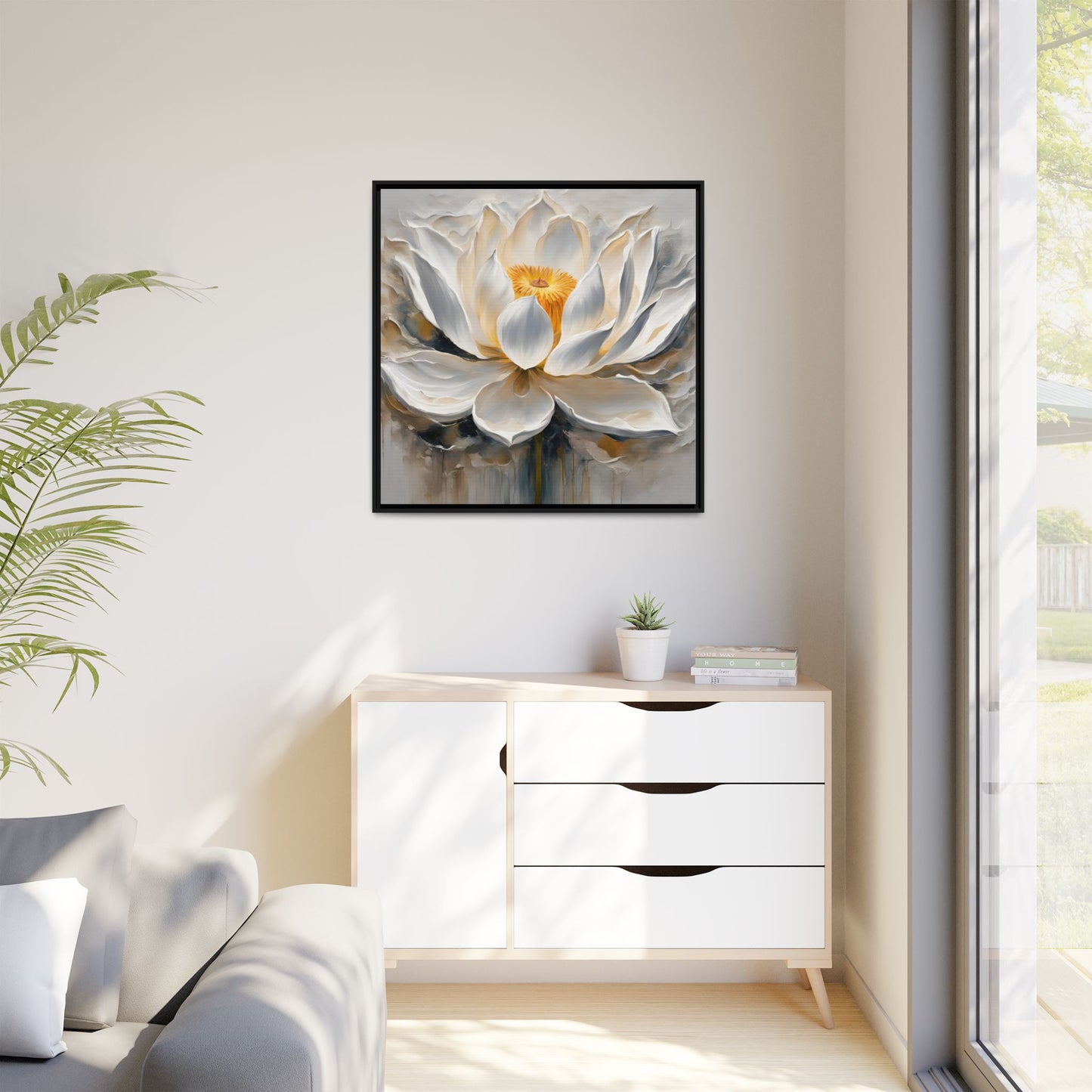 Modern Abstract Floral Design Unique Framed Canvas Wall Art White Lotus Gift Nature Lover Gift Garden Lover Gift 3 frame colors