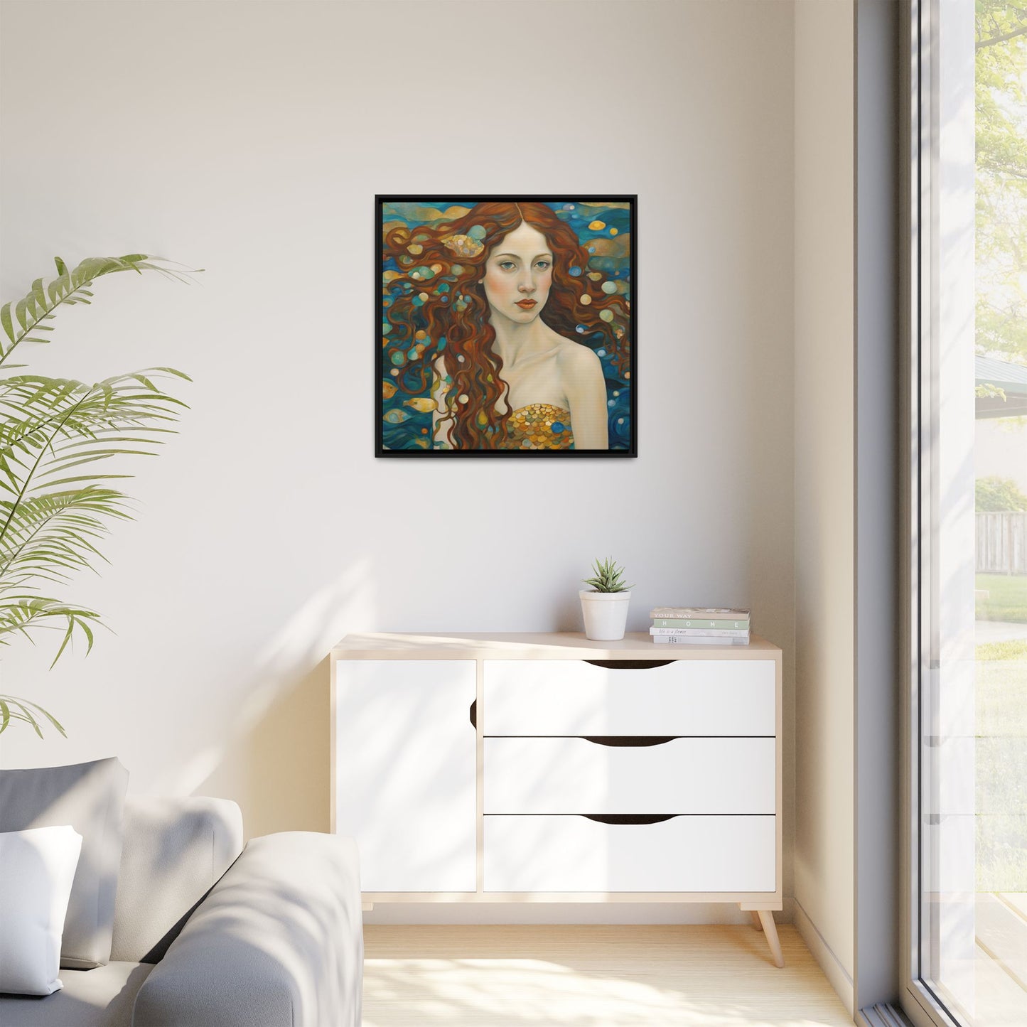 Modern Abstract Mermaid Design Unique Framed Canvas Oceanic Wall Art Underwater Gold Fish Anime Gift Nature Lover Gift 3 frame colors