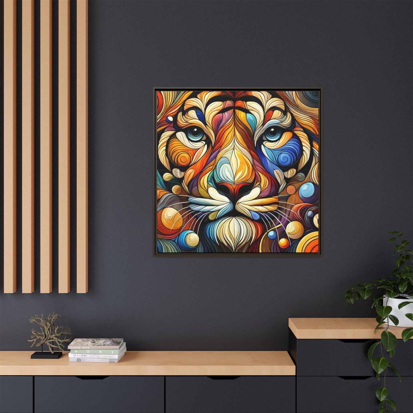 Modern Lion Face Print Abstract Design Unique Framed Canvas Print King of Jungle Wall Art Animal Lover Nature Lover Decor 3 frame colors