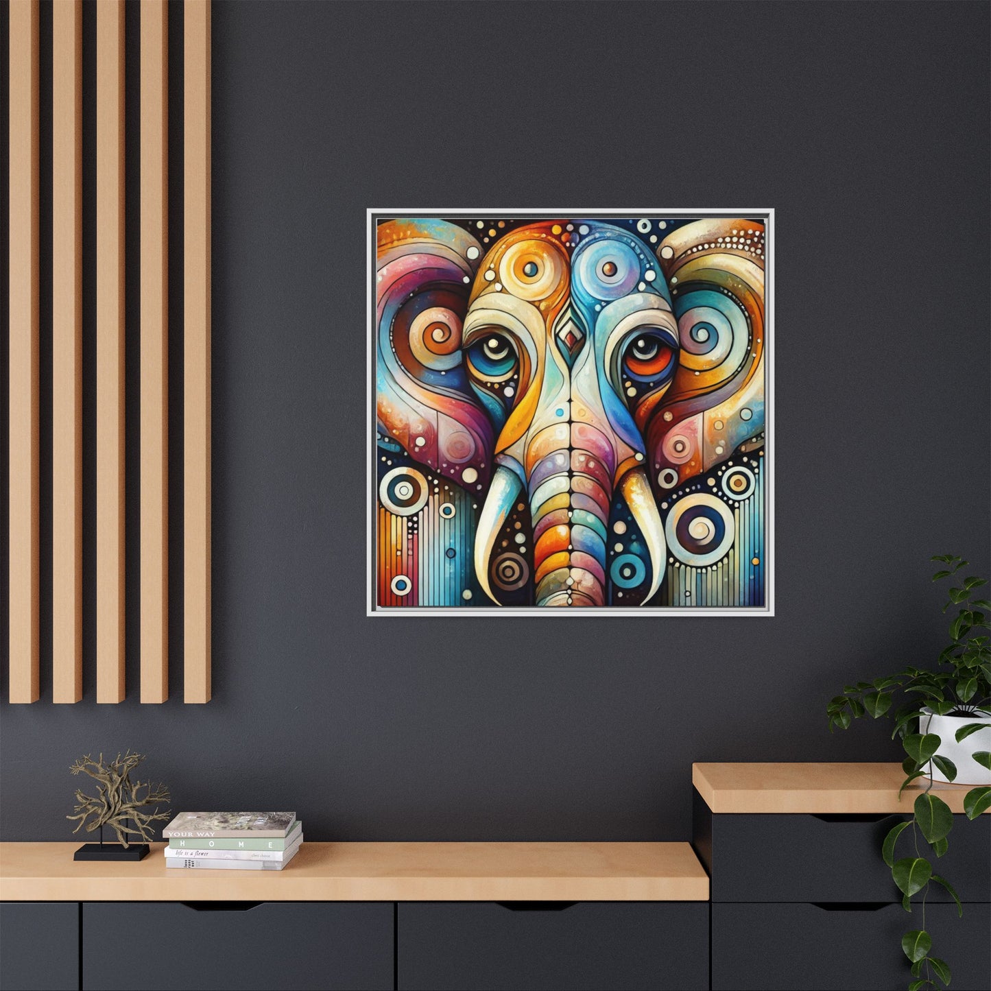 Modern Elephant Face Print Abstract Design Unique Framed Canvas Print African Wall Art Animal Lover Nature Lover Decor 3 frame colors