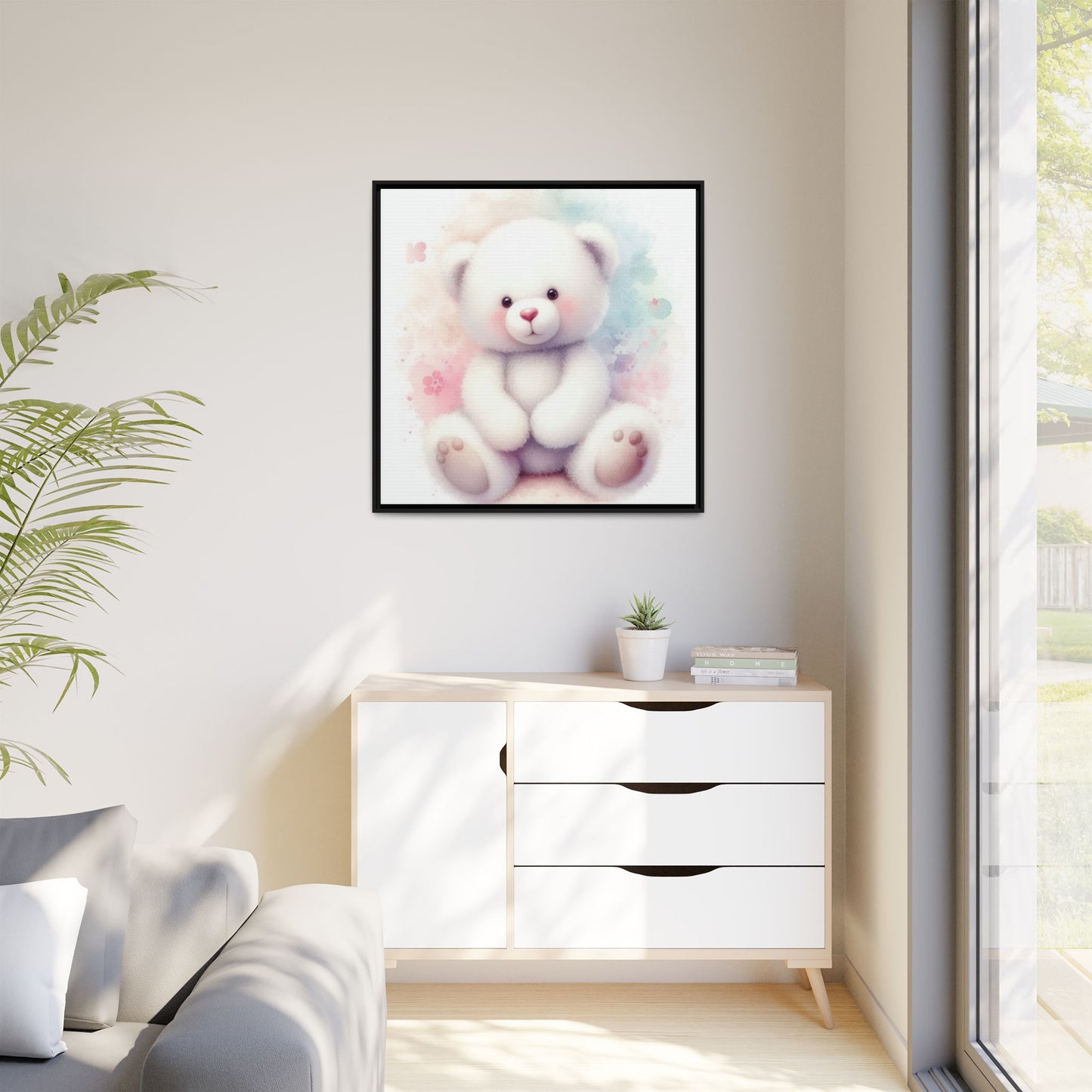 Whimsical Nursery Decor Pastel Floral Teddy Bear Design Wall Art Unique Sweet Baby Room Framed Canvas Print Unisex Baby Shower Gift