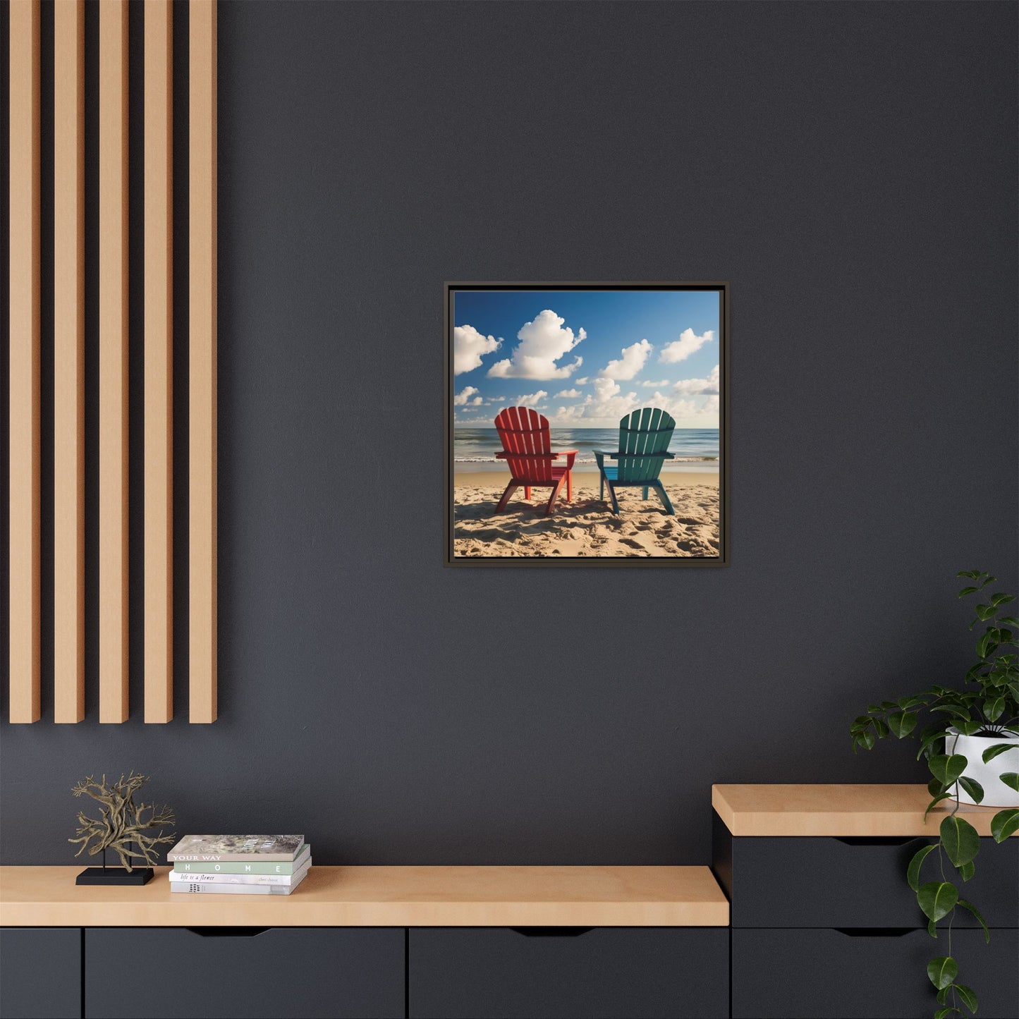 Chairs on the Beach Calm Sunny Day Framed Canvas Wall Art Beach Lover Vacation Oceanic Gift Nature Lover Peaceful Zen Gift 3 frame colors