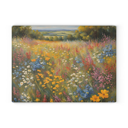 Kitchen Decor Glass Cutting Board Serving Tray with Field of Flowers Pattern Cutting Board Gift for Home Cook Charcuterie Board