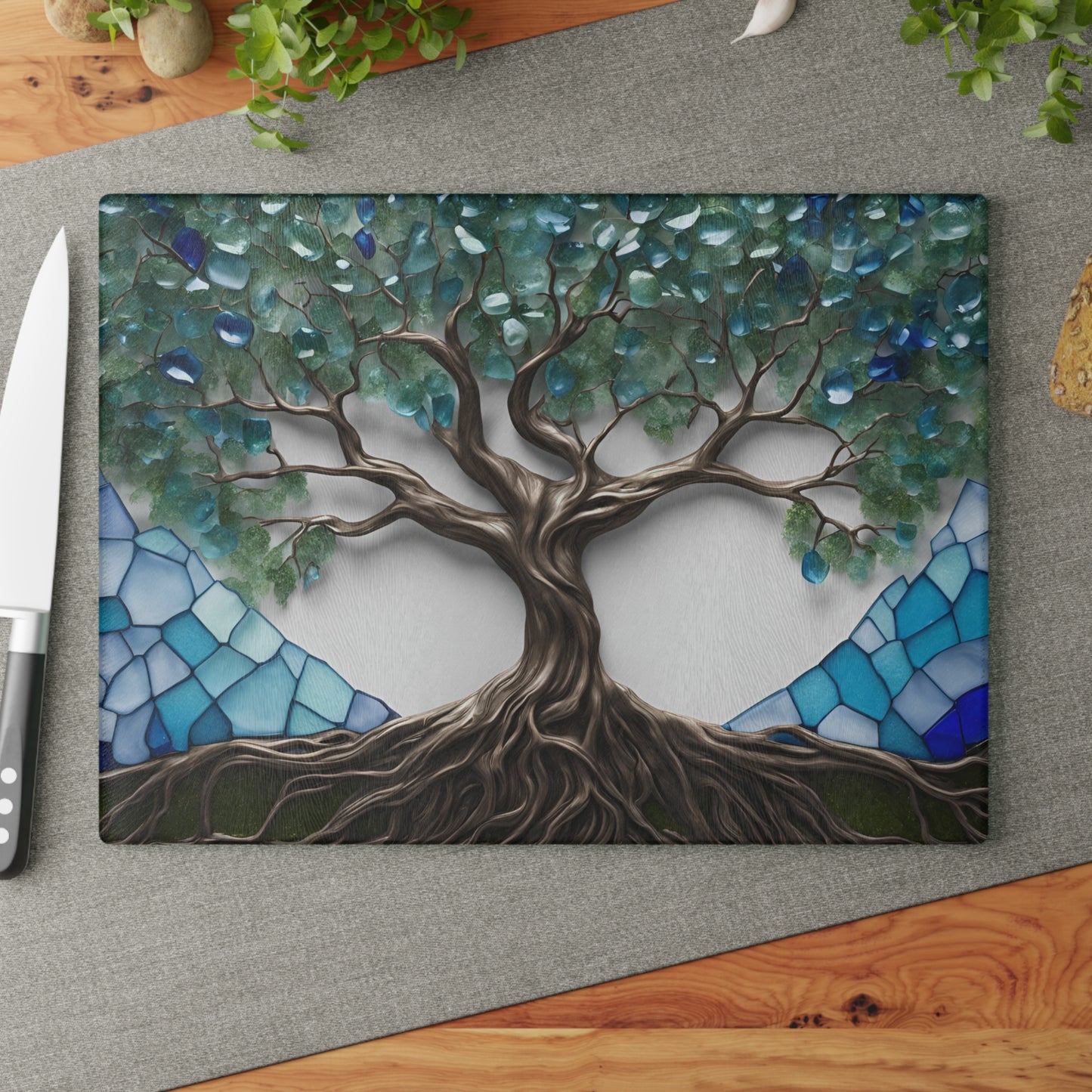 Glass Kitchen Decor Glass Cutting Board Serving Tray with Tree of Life Design Cutting Board Gift for Home Cook Glass Charcuterie Board