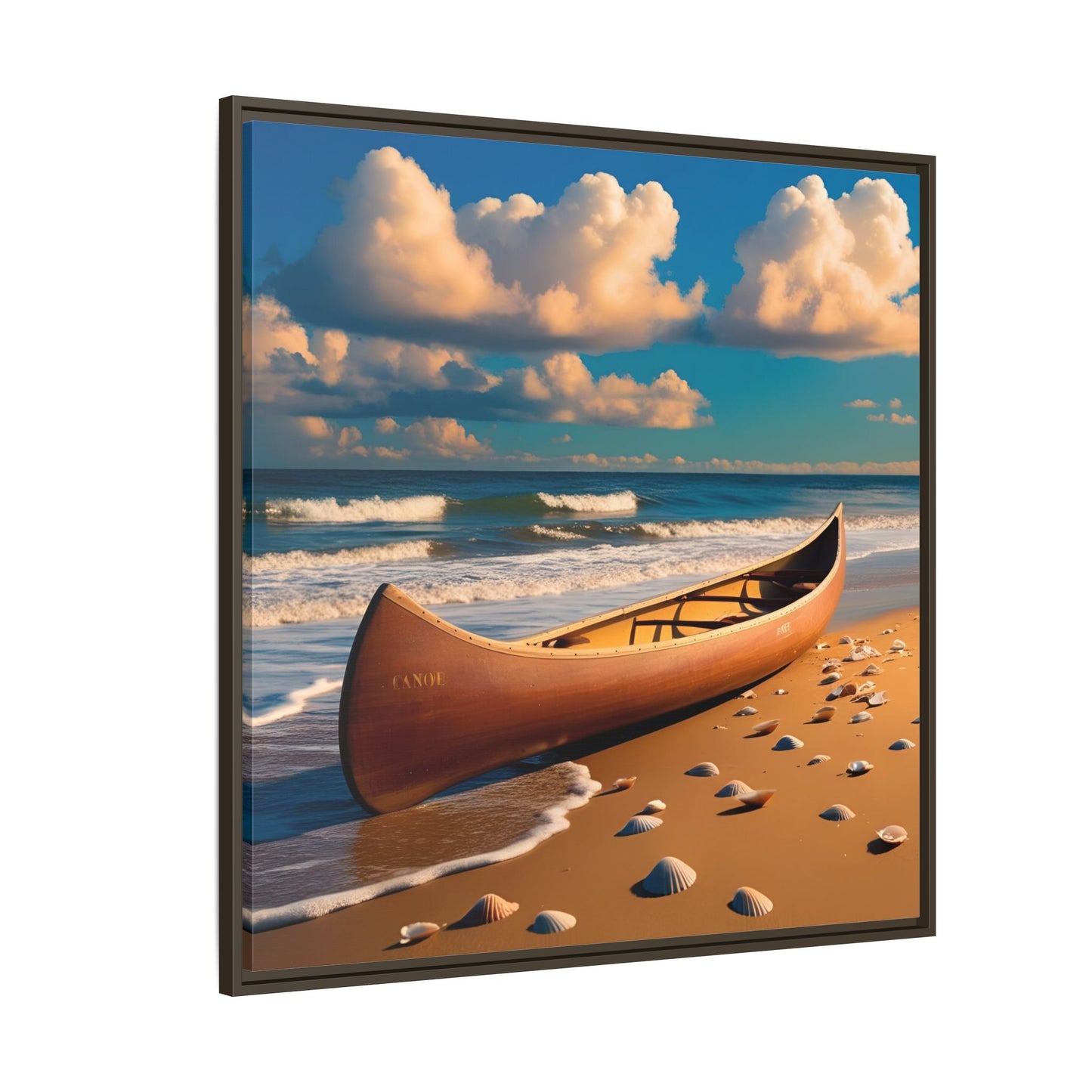 Canoe on the Beach Calm Sunny Day Framed Canvas Wall Art Beach Lover Vacation Oceanic Gift Nature Lover Peaceful Zen Gift 3 frame colors