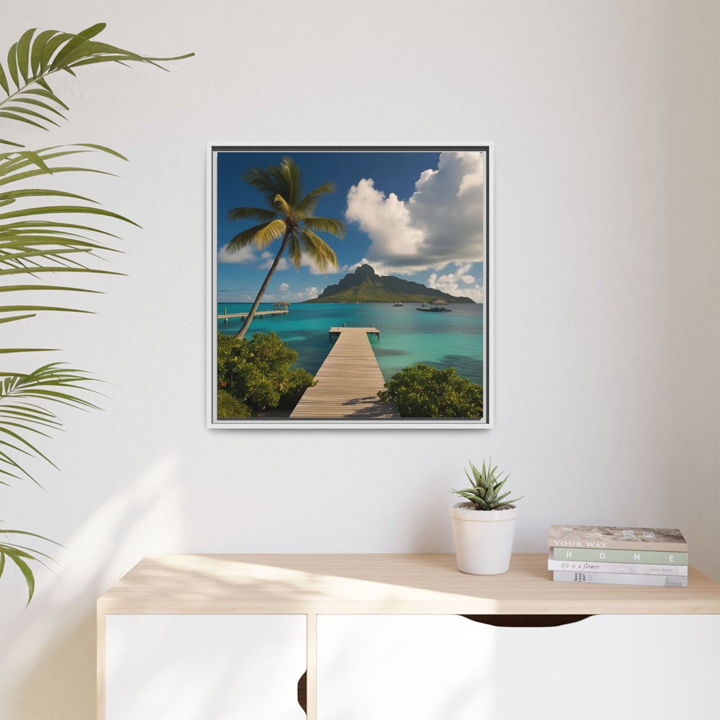 Tropical Island Calm Sunny Day Framed Canvas Wall Art Volcano Beach Vacation Oceanic Gift Nature Lover Peaceful Zen Gift 3 frame colors