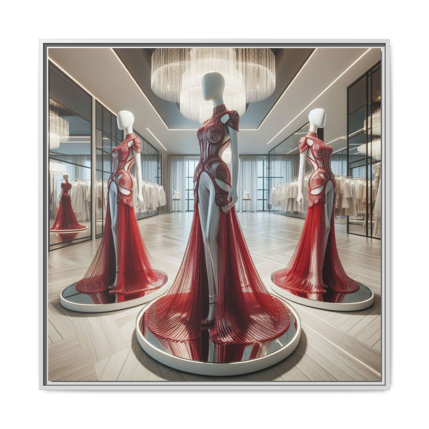 Futuristic Bodycon Runway Dress Framed Canvas Print Wall Art Unique Fashion Designer Style Haute Couture Fashionista Gift 3 Frame Colors