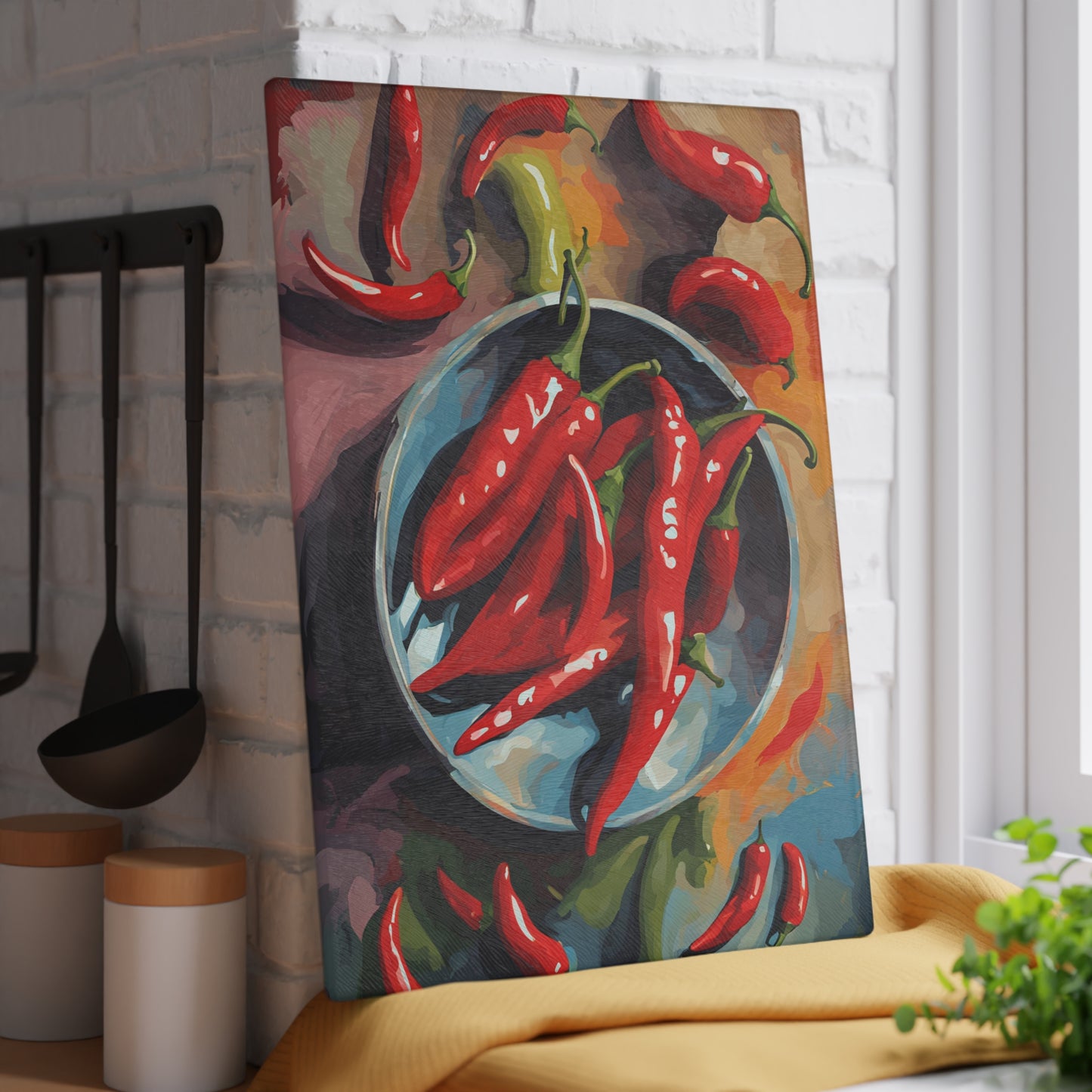 Kitchen Decor Glass Cutting Board Serving Tray with Red Hot Chili Peppers Design Cutting Board Gift for Home Cook Charcuterie Board