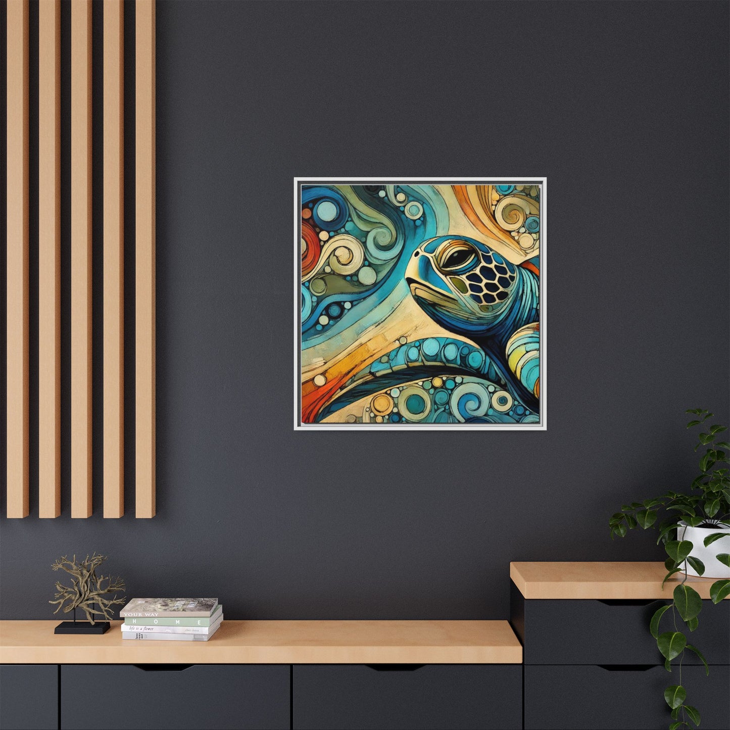 Modern Sea Turtle Print Abstract Design Unique Framed Canvas Print Oceanic Wall Art Animal Lover Gift Nature Lover Decor 3 frame colors