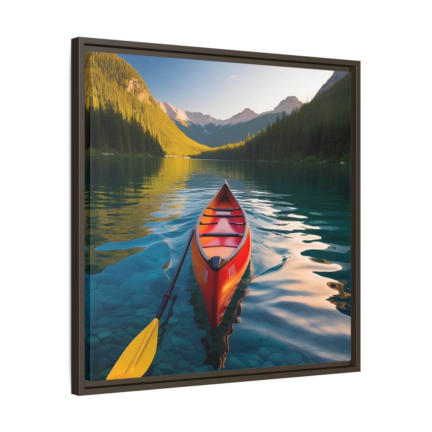 Canoe in the River Framed Canvas Wall Art Mountain Lover Outdoorsman Vacation Kayak Gift Nature Lover Peaceful Zen Gift 3 frame colors